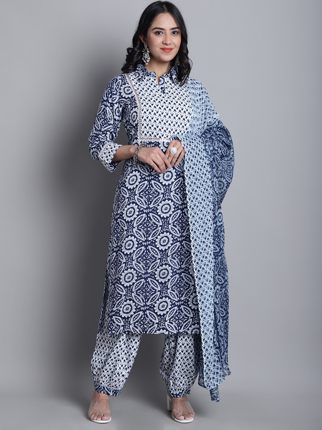 

Assamica Women Navy Blue Floral Printed Regular Gotta Patti Pure Cotton Kurta with Salwar & With Dupatta