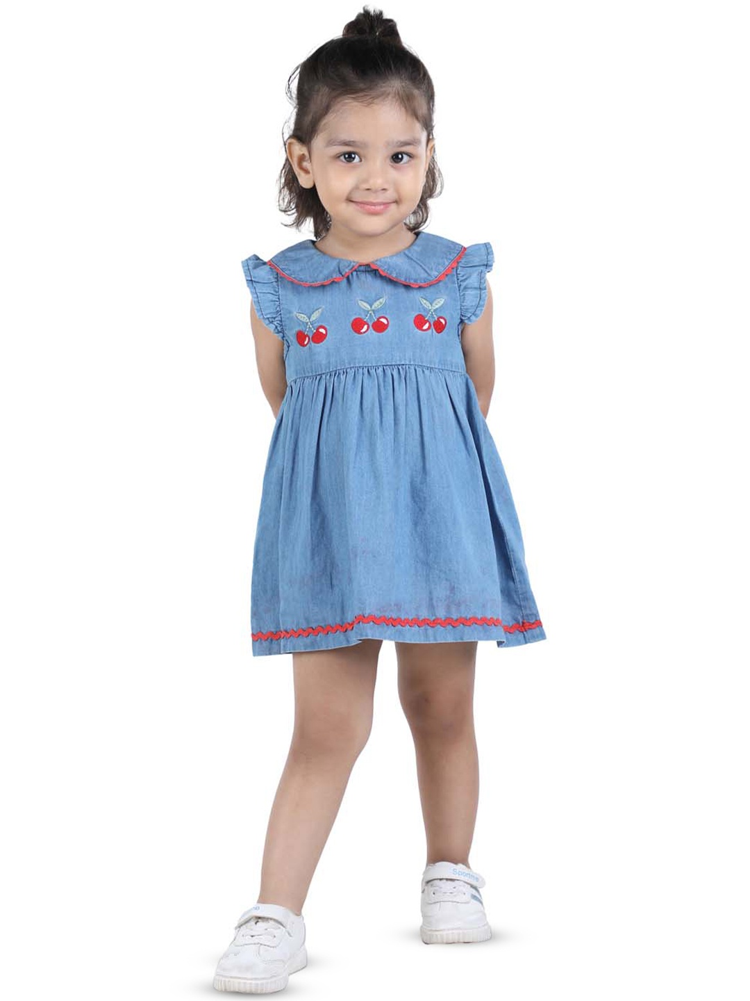 

Budding Bees Girls Embroidered Denim A-Line Dress, Blue