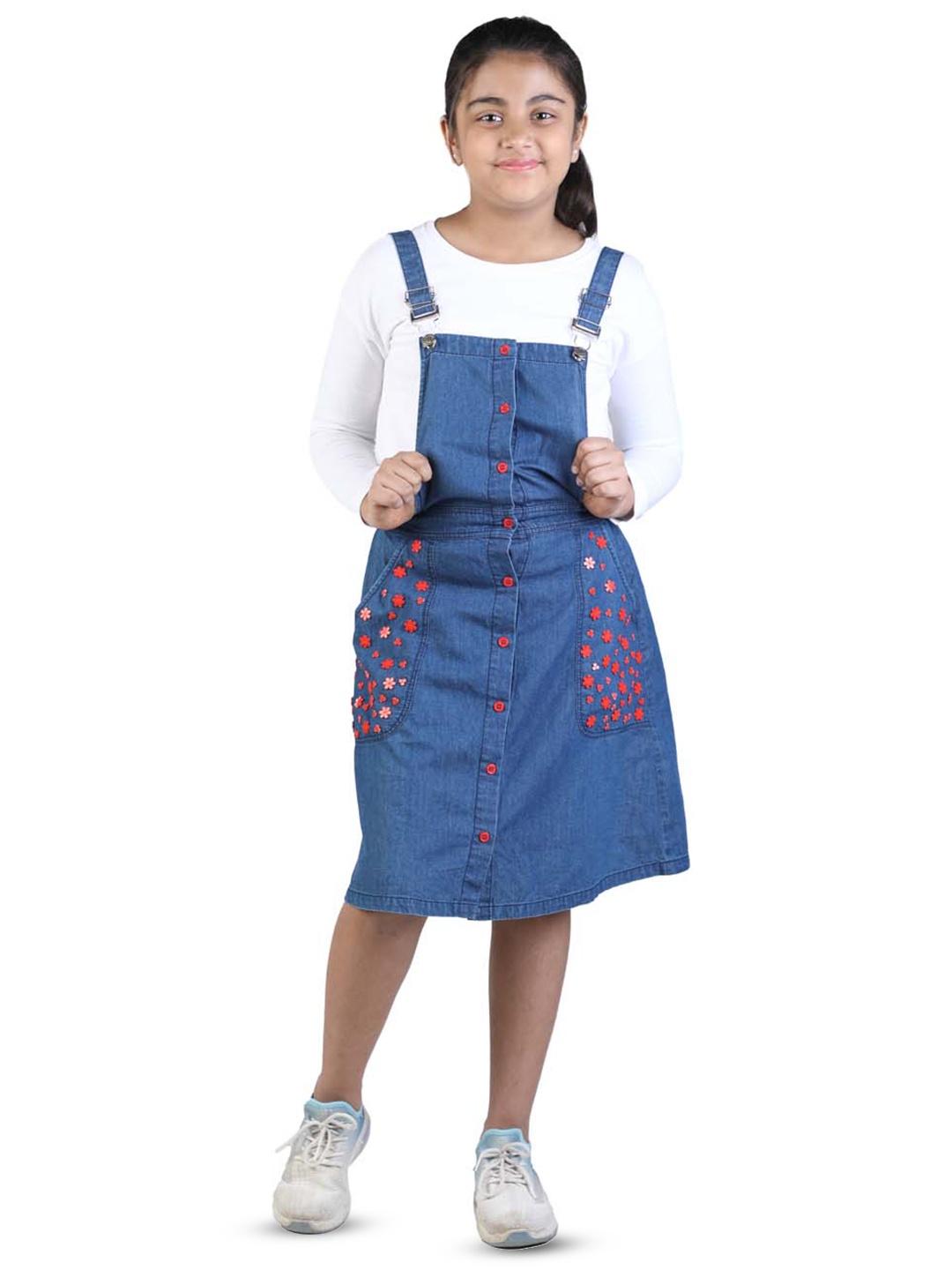 

Budding Bees Girls Embellished Shoulder Strap Cotton Pinafore Dress, Blue