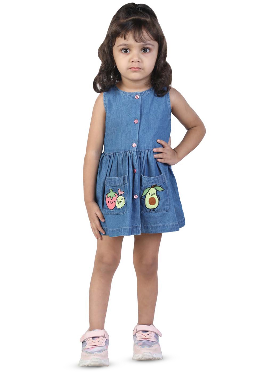 

Budding Bees Girls Fruit Embroidered Denim A-Line Dress, Blue