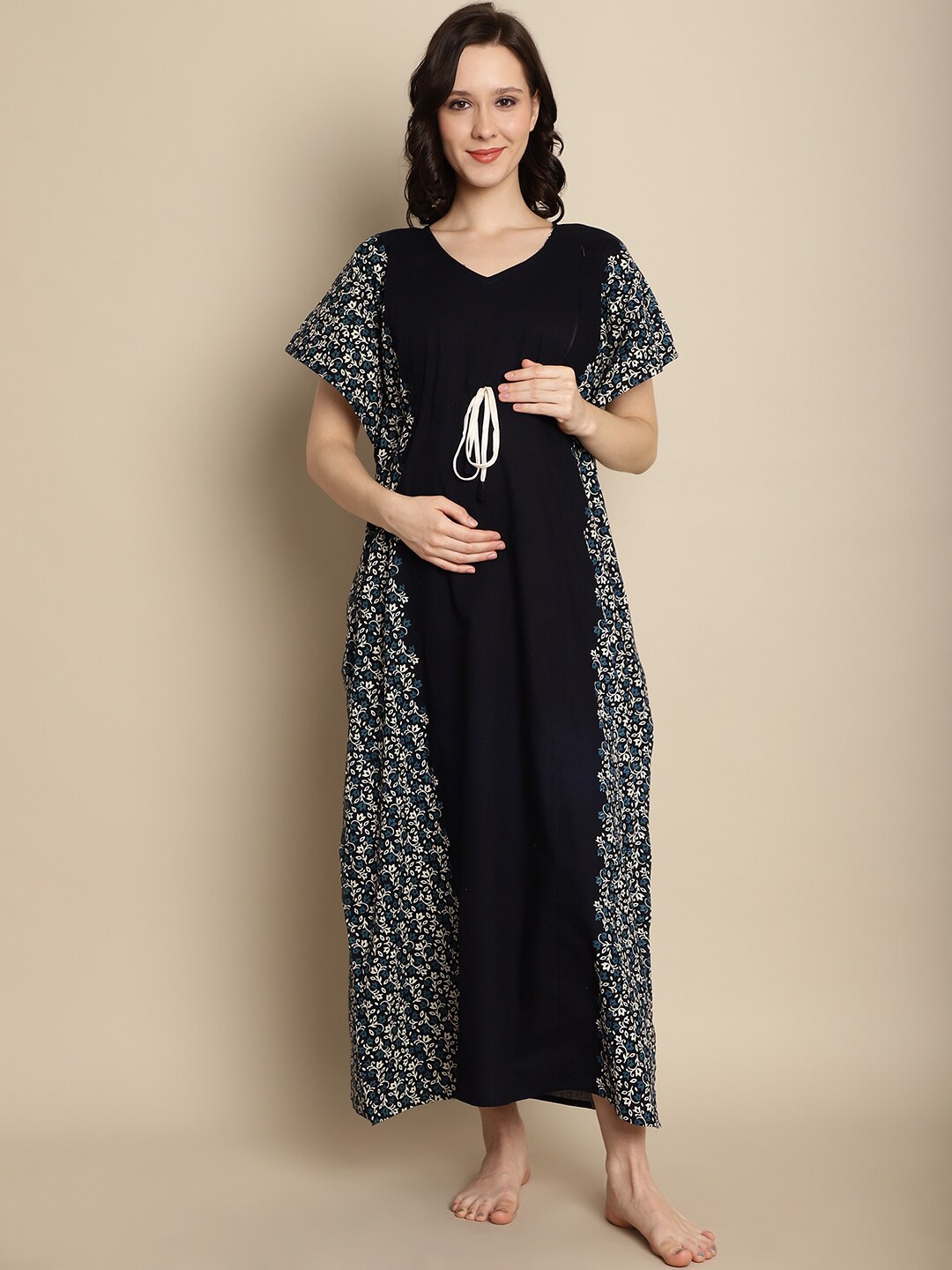 

Secret Wish Maternity Ethnic Motifs Printed Pure Cotton Maxi Kaftan Nightdress, Navy blue