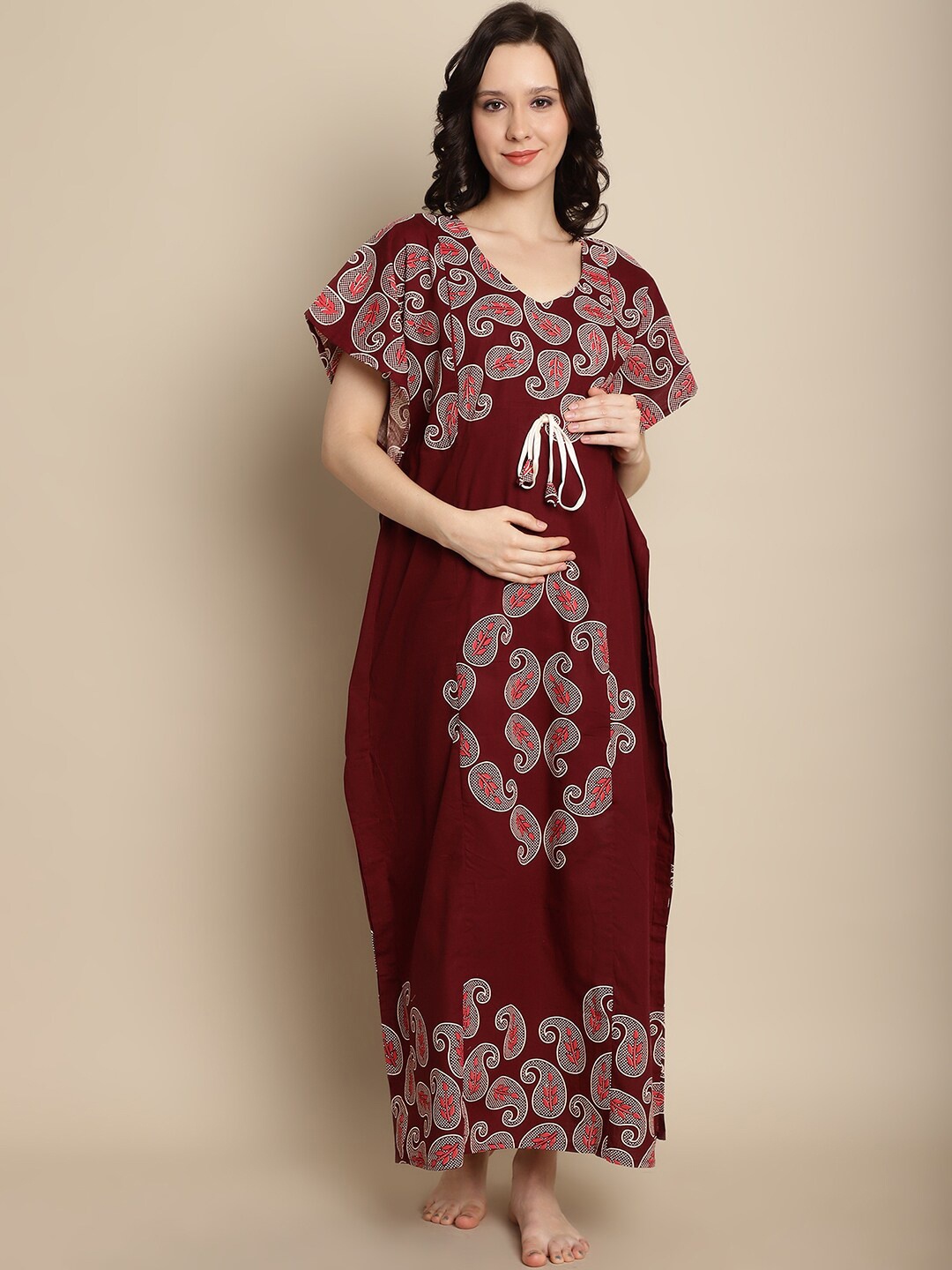 

Secret Wish Maternity Paisley Printed Pure Cotton Maxi Kaftan Nightdress, Maroon