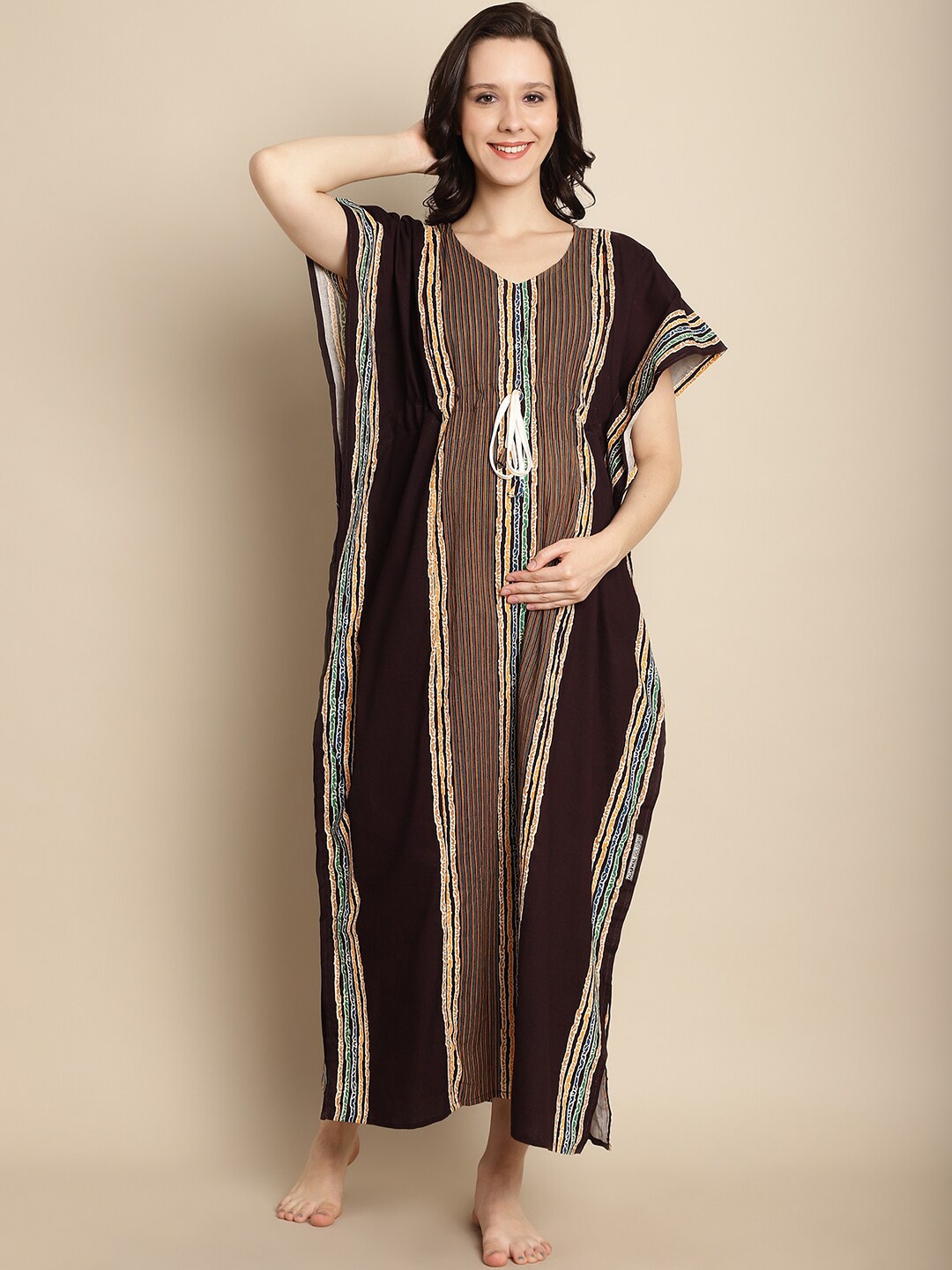 

Secret Wish Maternity Striped Striped Pure Cotton Maxi Kaftan Nightdress, Brown
