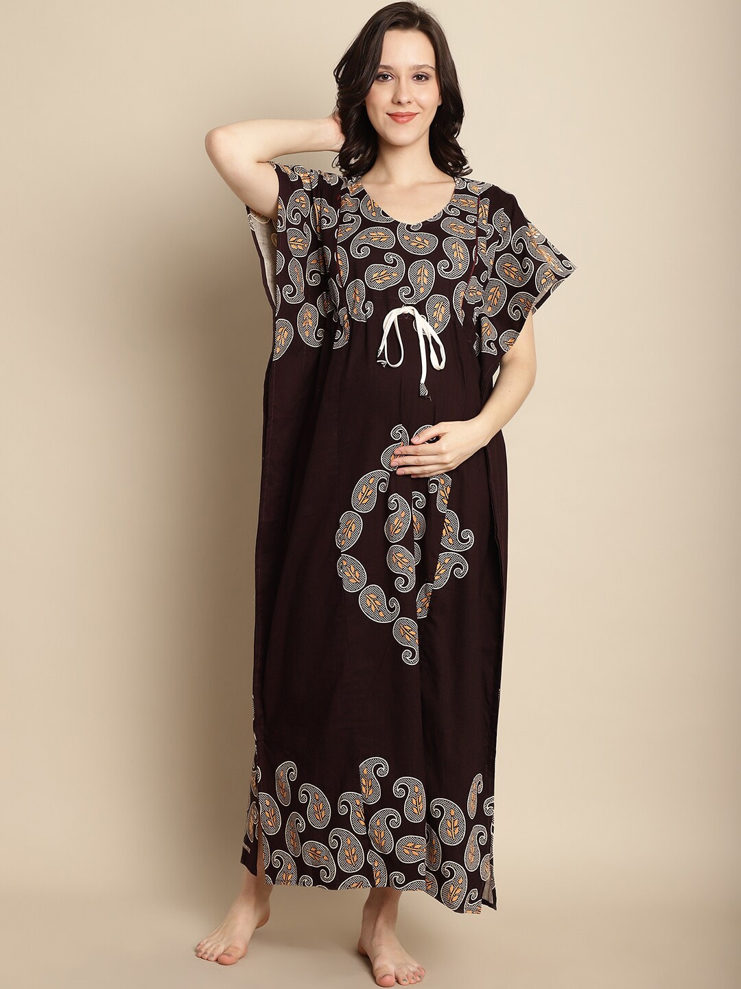 

Secret Wish Maternity Ethnic Motifs Printed Pure Cotton Maxi Kaftan Nightdress, Brown