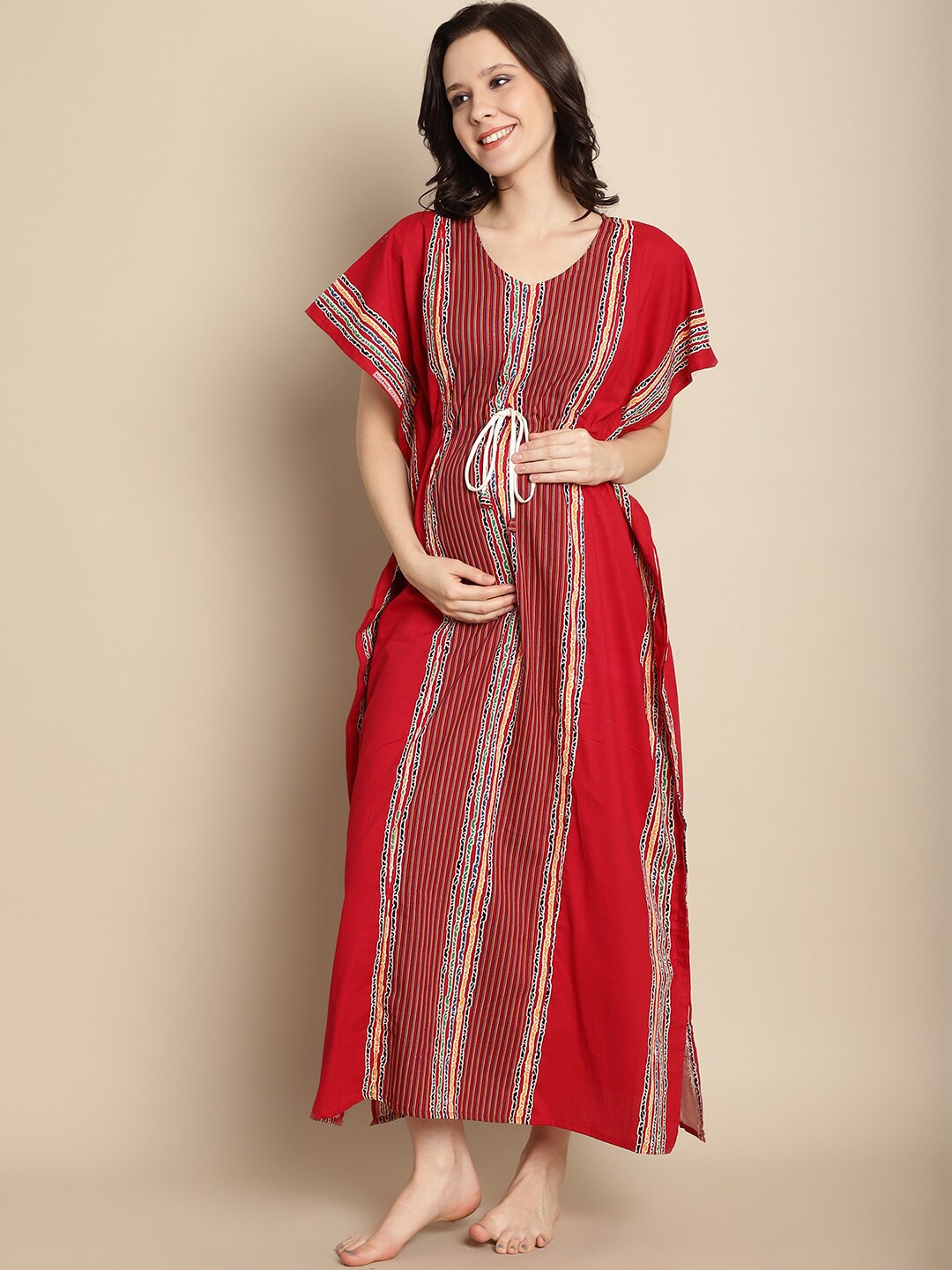 

Secret Wish Maternity Striped V-Neck Pure Cotton Maxi Kaftan Nightdress, Red