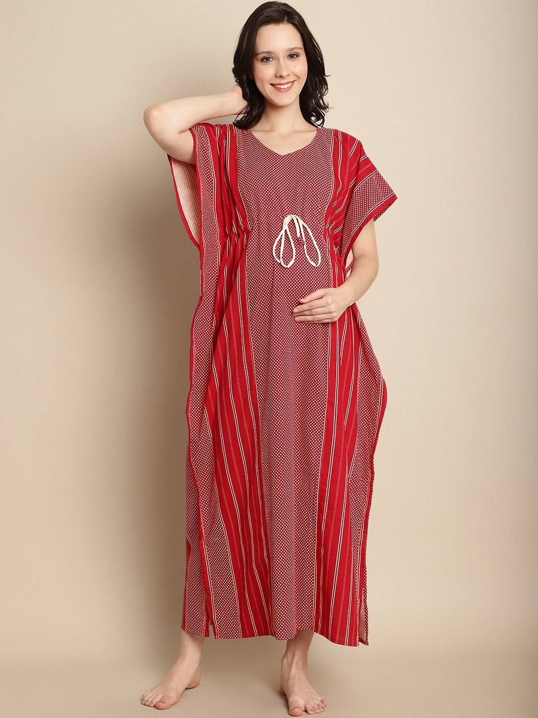

Secret Wish Maternity Striped Pure Cotton Maxi Kaftan Nightdress, Red