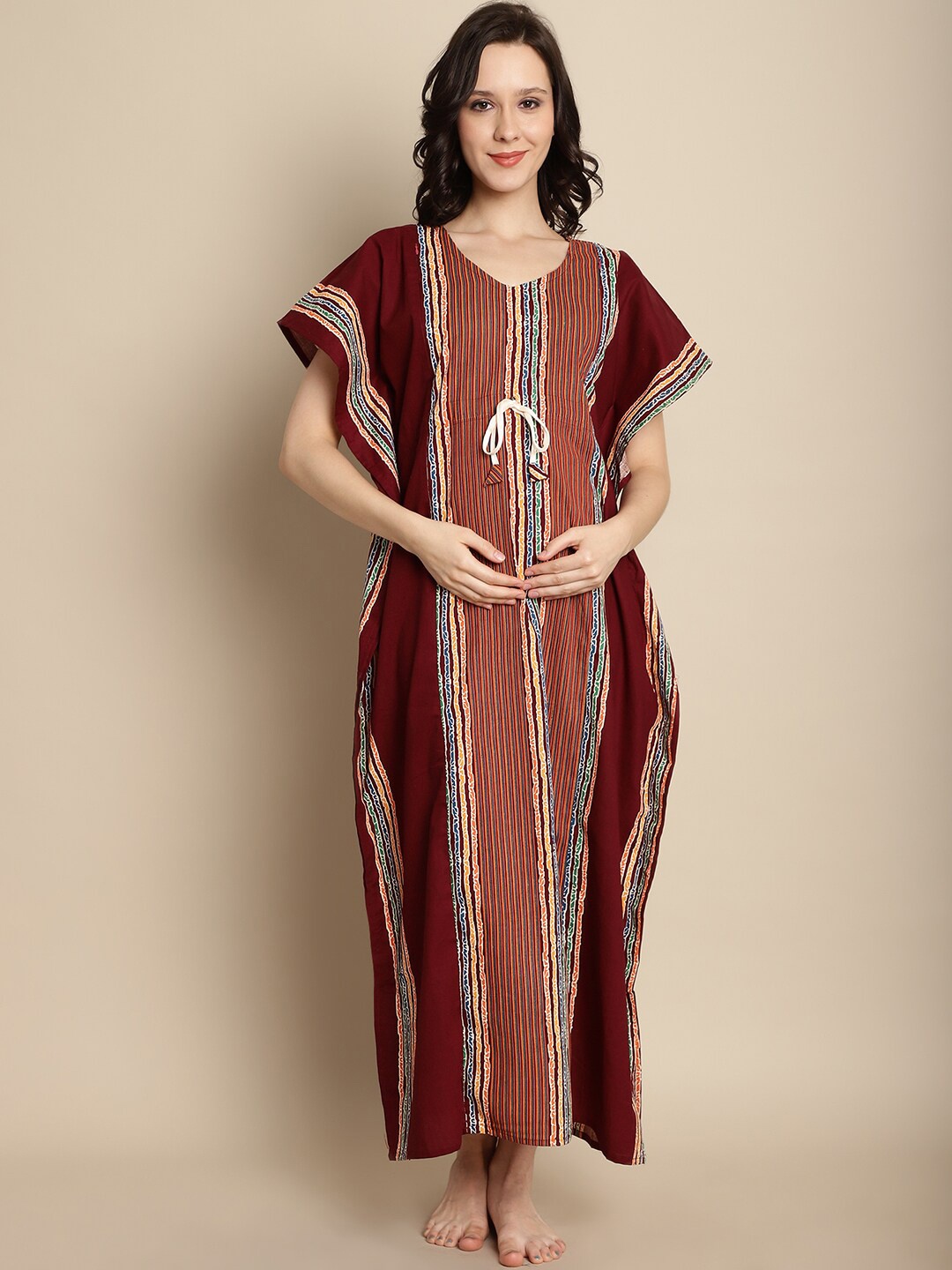 

Secret Wish Maternity Striped Pure Cotton Maxi Kaftan Nightdress, Maroon