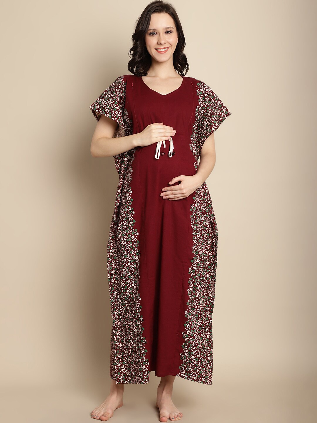 

Secret Wish Maternity Floral Printed Pure Cotton Maxi Kaftan Nightdress, Maroon