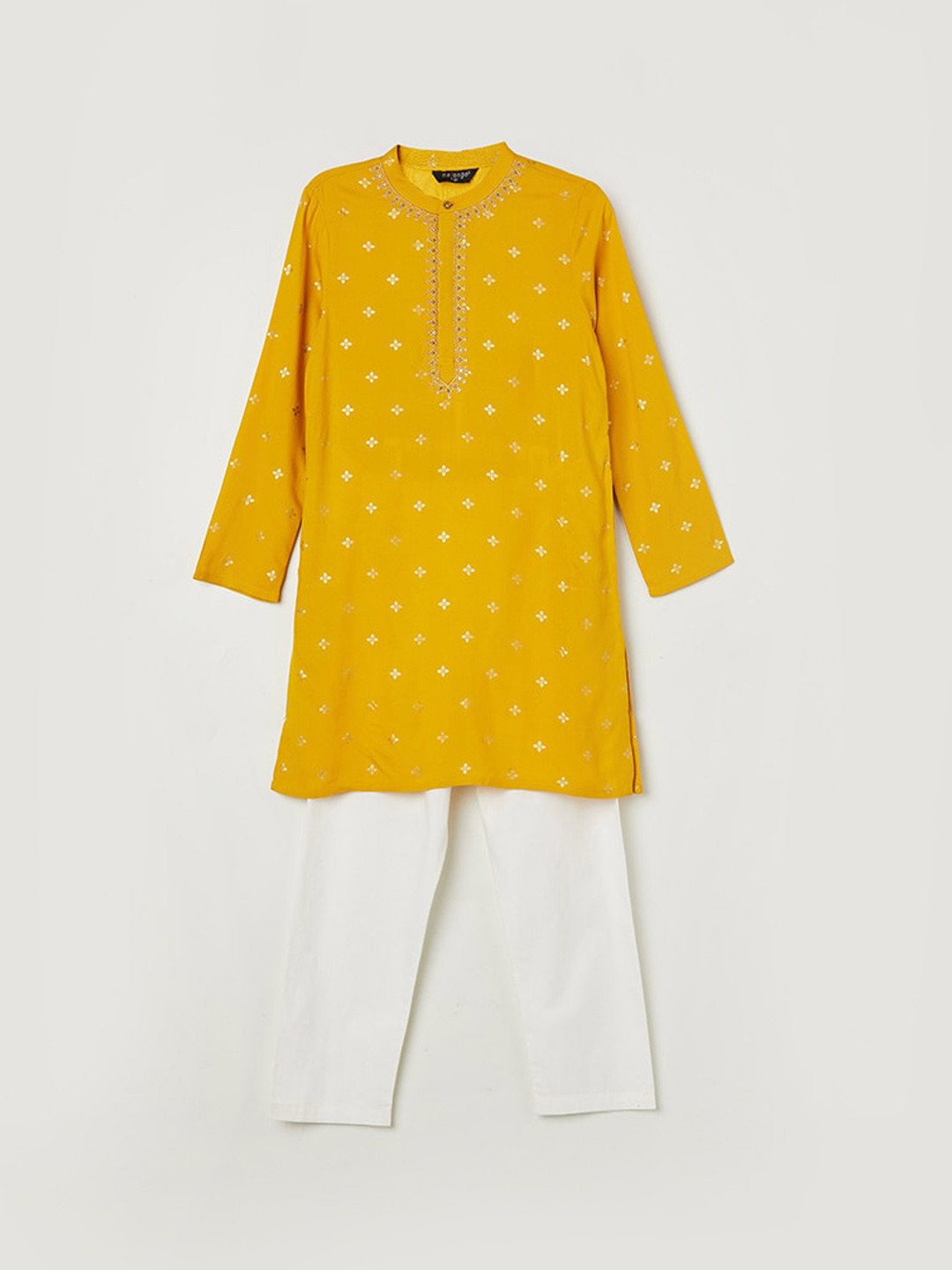

Melange by Lifestyle Boys Floral Printed Band Collar Thread Work Kurta & Pyjamas, Yellow