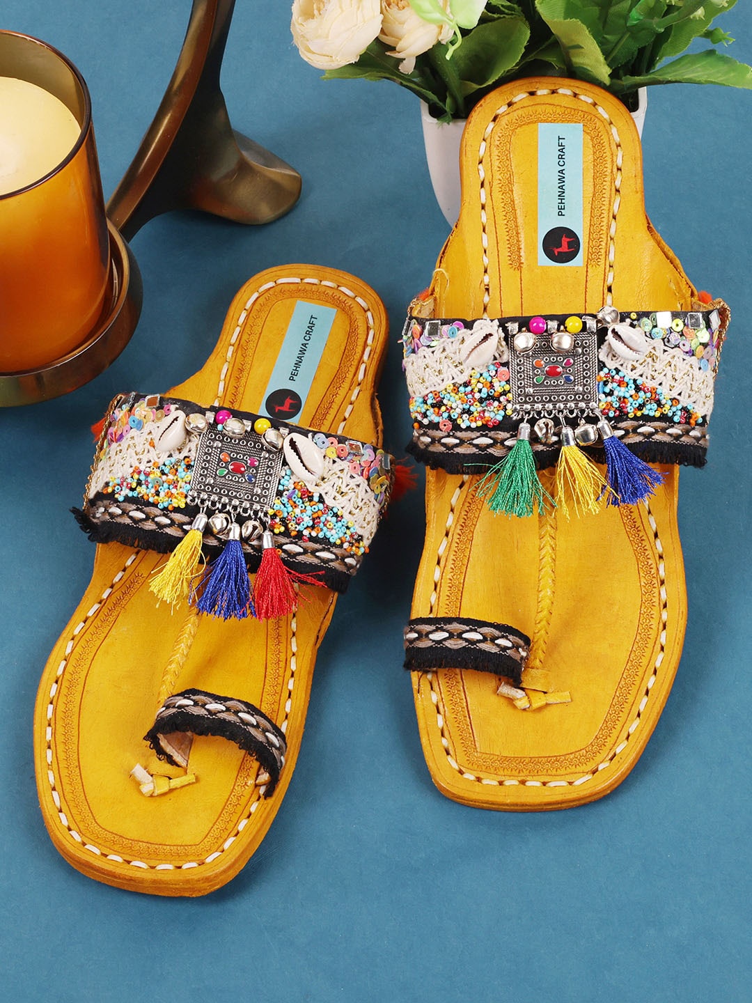 

PehnawaCraft Embellished Leather Ethnic boho kolhapuri One Toe Flats, Yellow