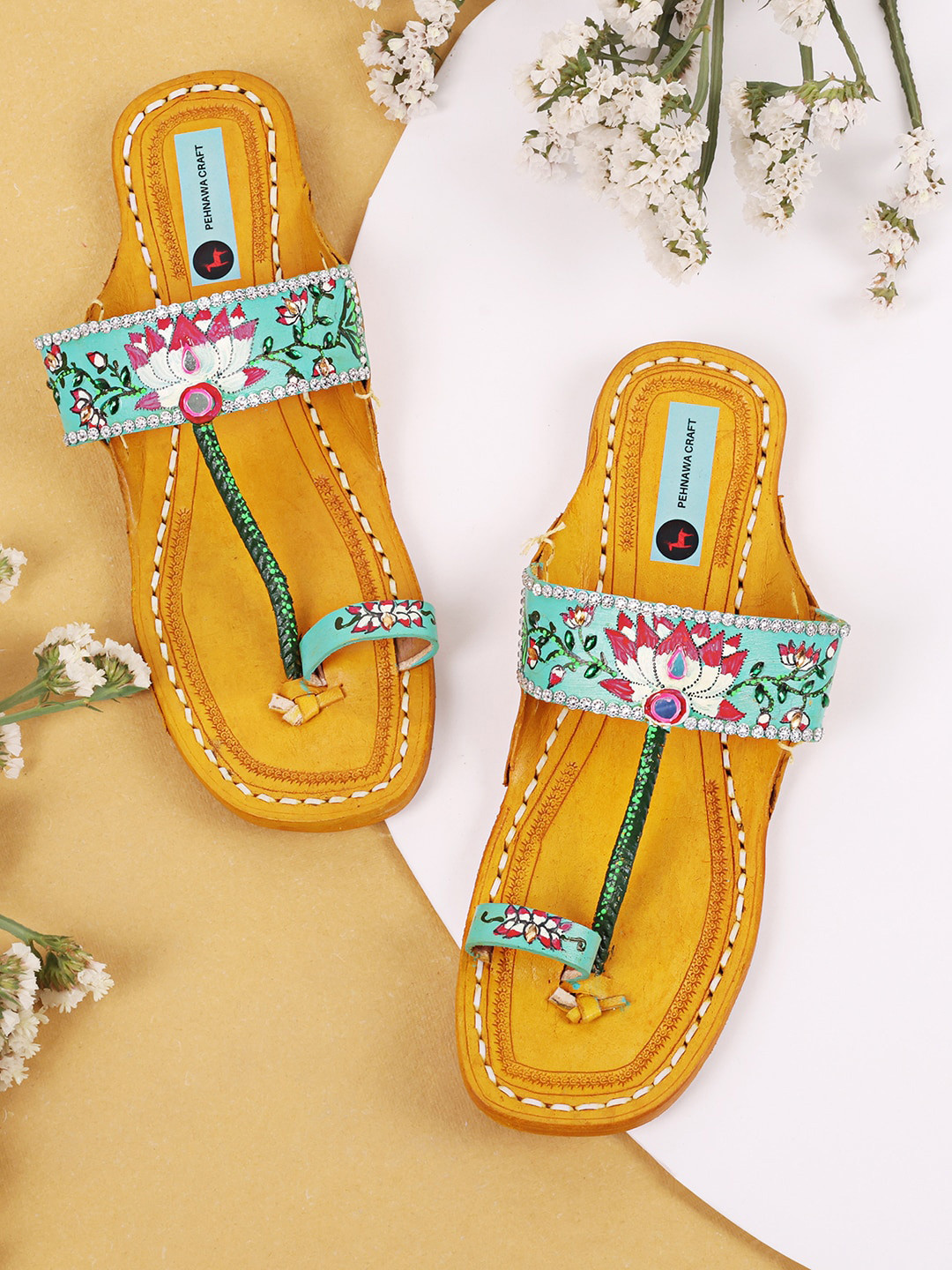 

PehnawaCraft Embellished Leather Ethnic One Toe Flats, Yellow
