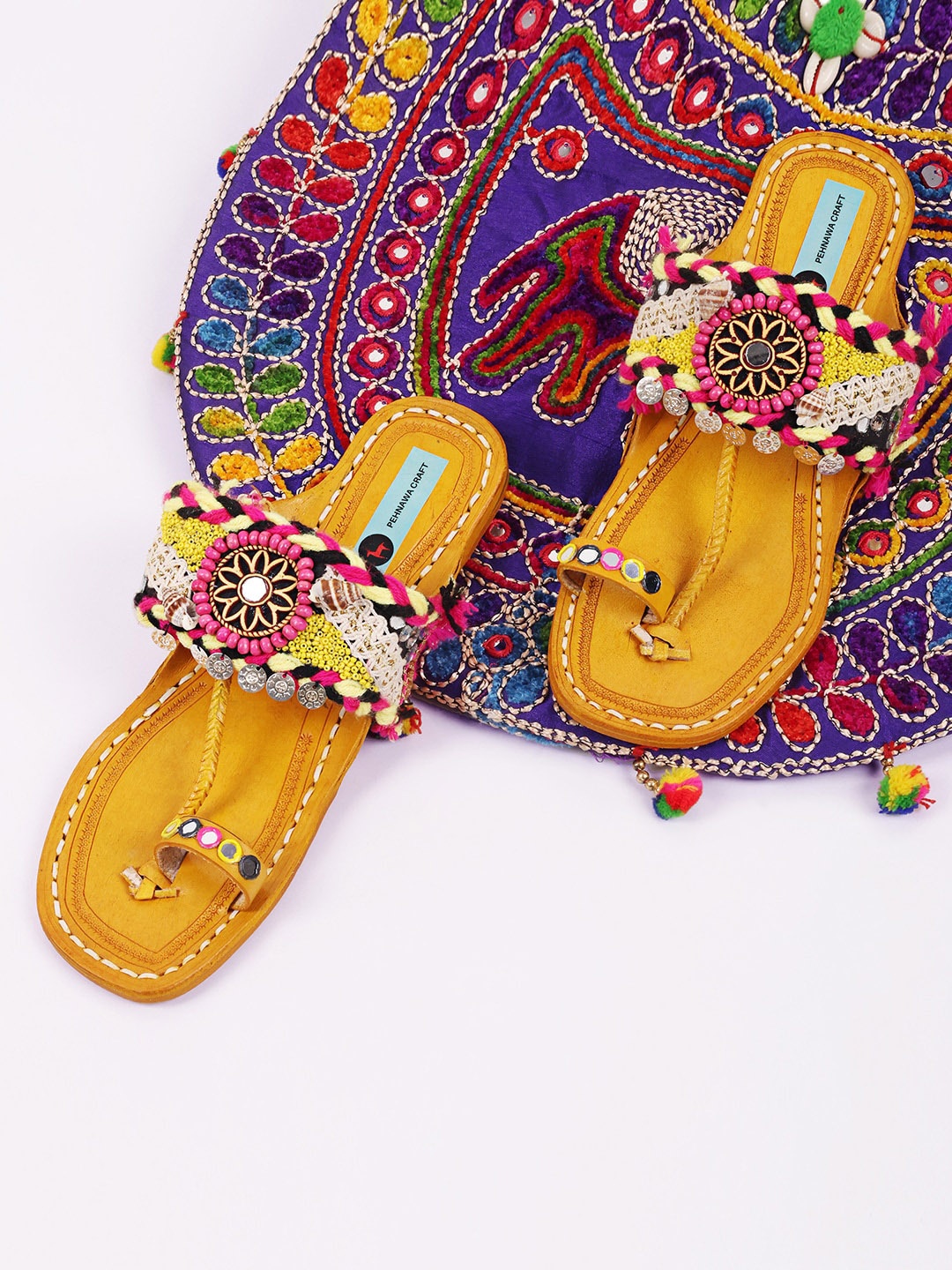 

PehnawaCraft Embellished Leather Ethnic One Toe Flats, Yellow