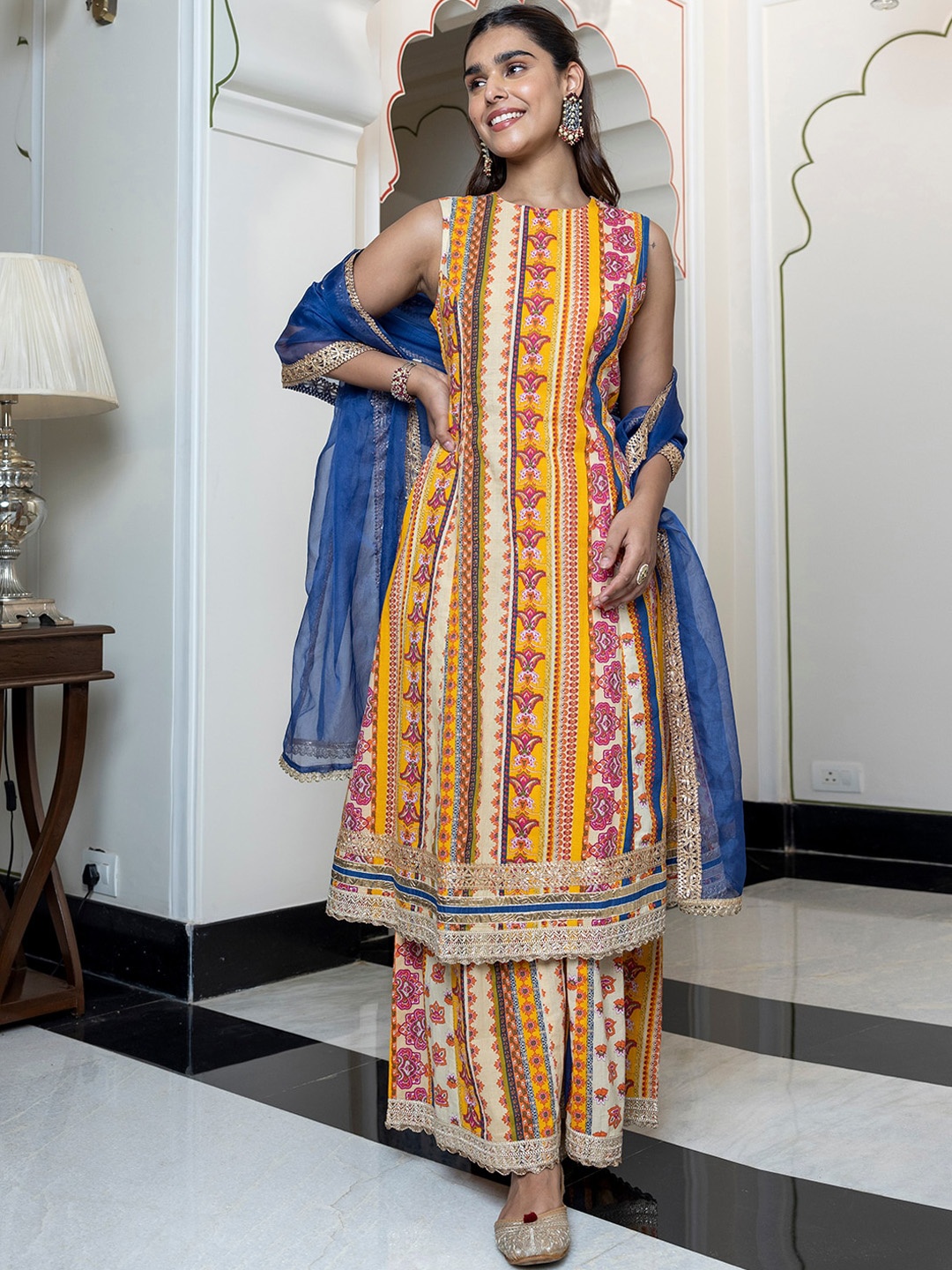 

Janasya Ethnic Motifs Printed Gotta Patti Pure Cotton Kurta with Palazzos & Dupatta, Yellow