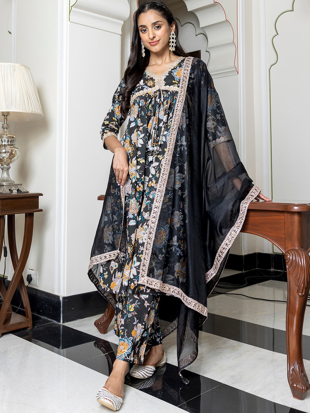 

Janasya Women Black Ethnic Motifs Printed Empire Gotta Patti Pure Cotton Kurta with Palazzos & With Dupatta