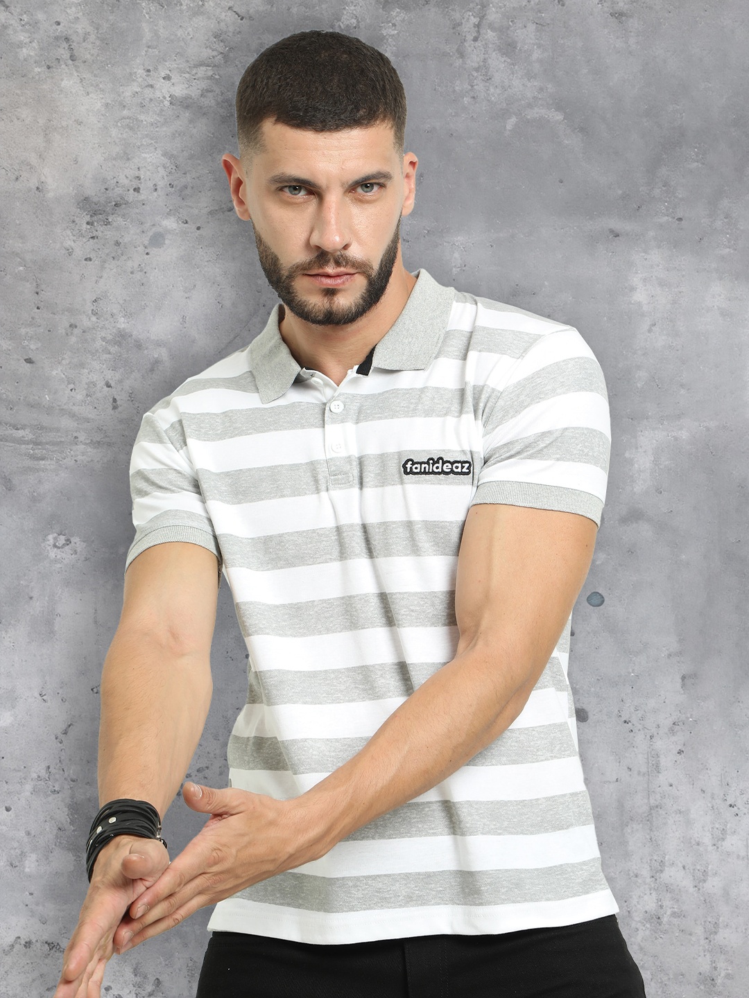 

fanideaz Striped Polo Collar T-shirt, Grey