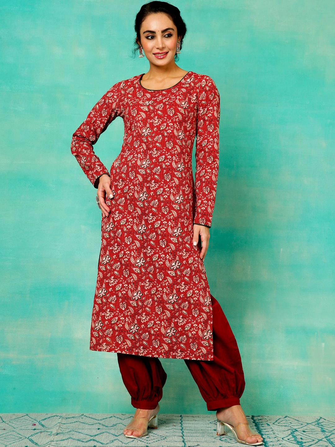 

Anouk Women Red Flared Sleeves Mirror Work Anarkali Kurta