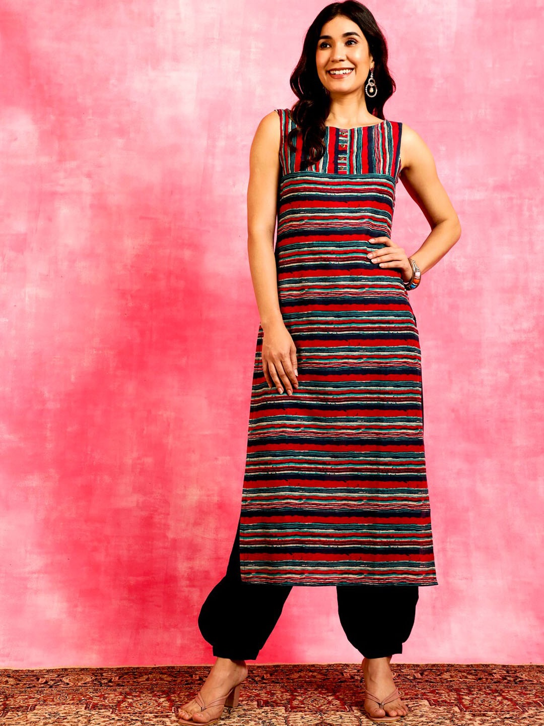

Anouk Blue Stripped Round Neck Sleeveless Straight Cotton Kurta