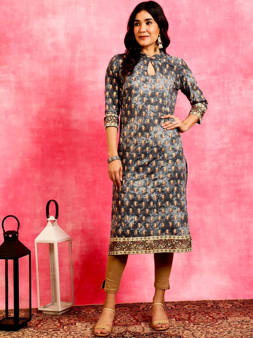 

Anouk Grey Ethnic Motifs Keyhole Neck Straight Kurta