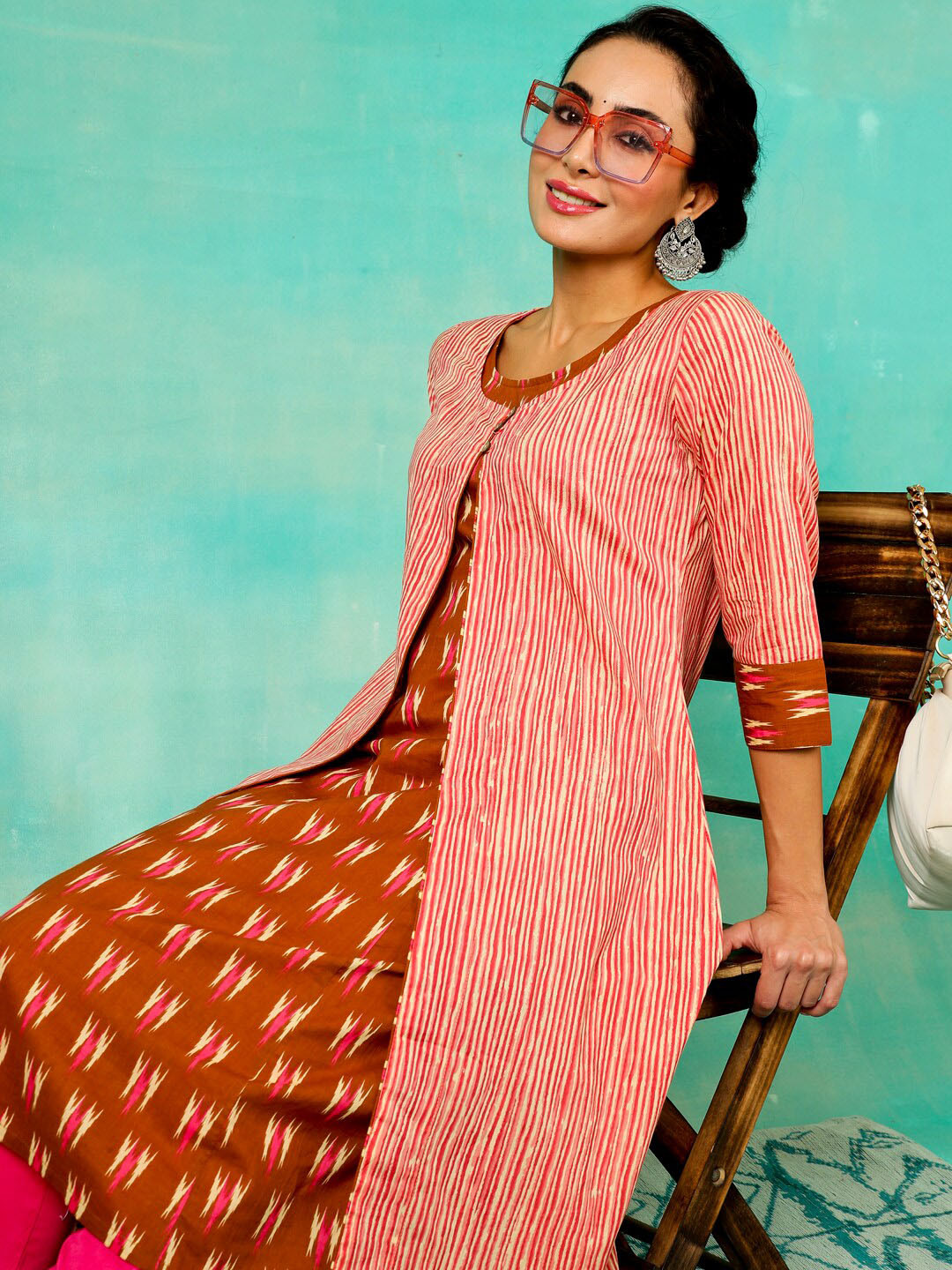 

Anouk Brown Ethnic Motifs Round Neck Sleeveless Straight Cotton Kurta With Jacket