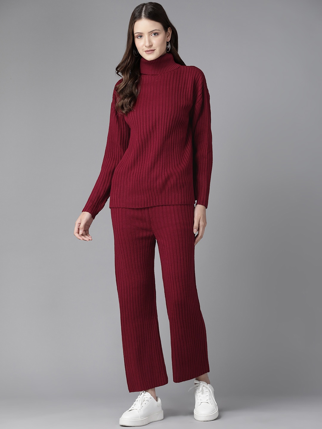 

Cayman Women Solid High Neck Sweater with Trousers, Maroon