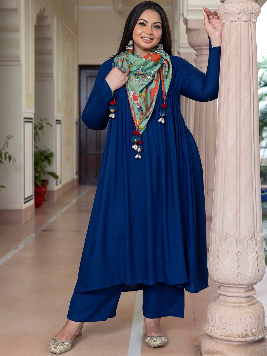 

XL LOVE by Janasya V-Neck Long Sleeve Empire Kurta With Palazzos & Scarf, Blue