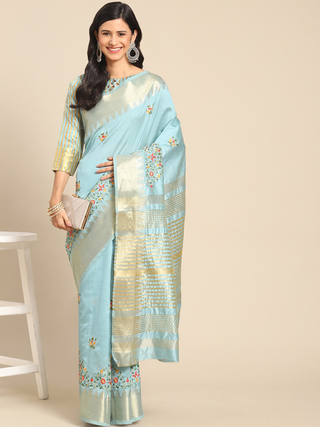 

Mitera Floral Embroidered Silk Cotton Mysore Silk Saree, Turquoise blue