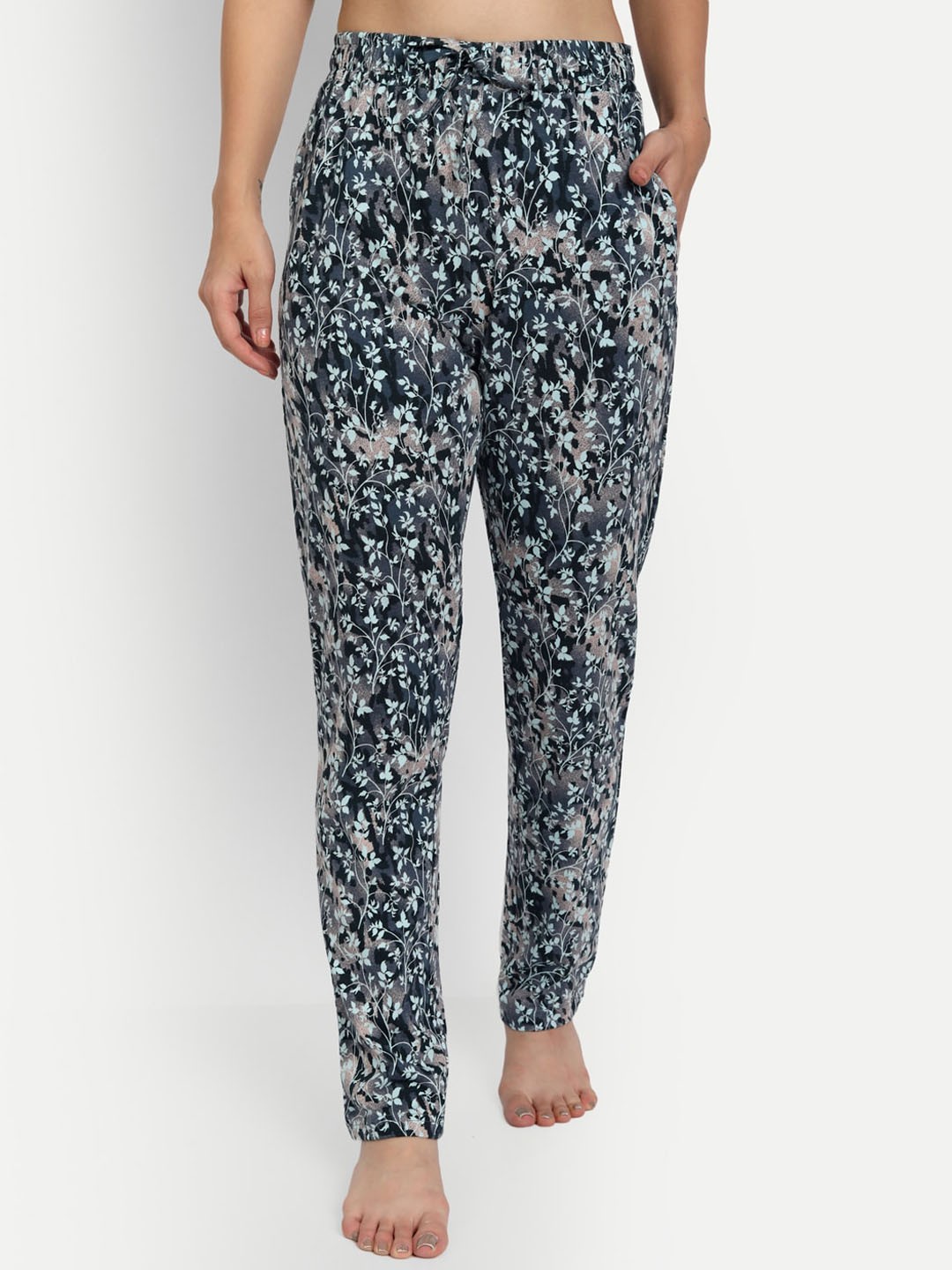 

HiFlyers Women Printed Pure Cotton Lounge Pants, Navy blue