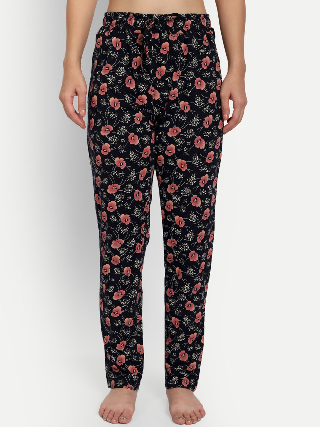 

HiFlyers Women Printed Pure Cotton Lounge Pant, Navy blue