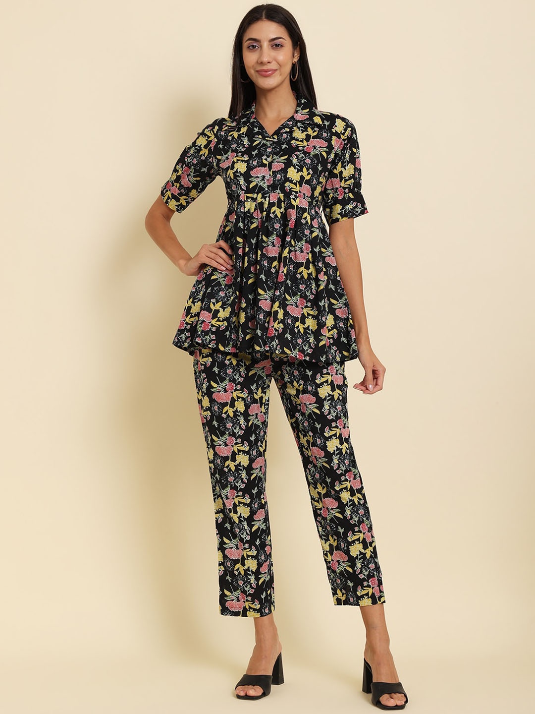 

Vastralay Floral Printed Shirt Collar Pure Cotton Top With Trousers, Black