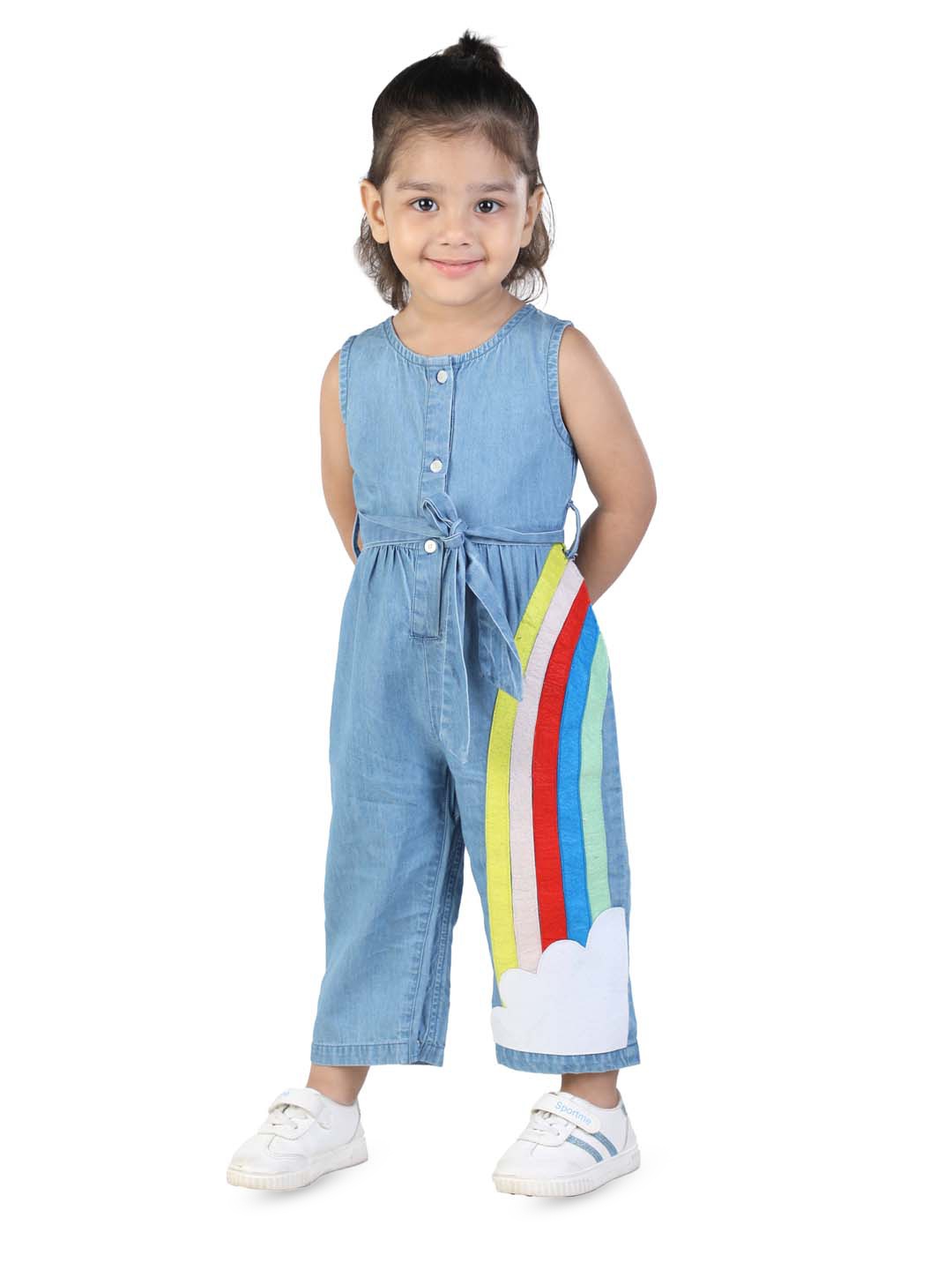

Budding Bees Girls Printed Waist Tie-Ups Detail Cotton Basic Jumpsuit, Blue