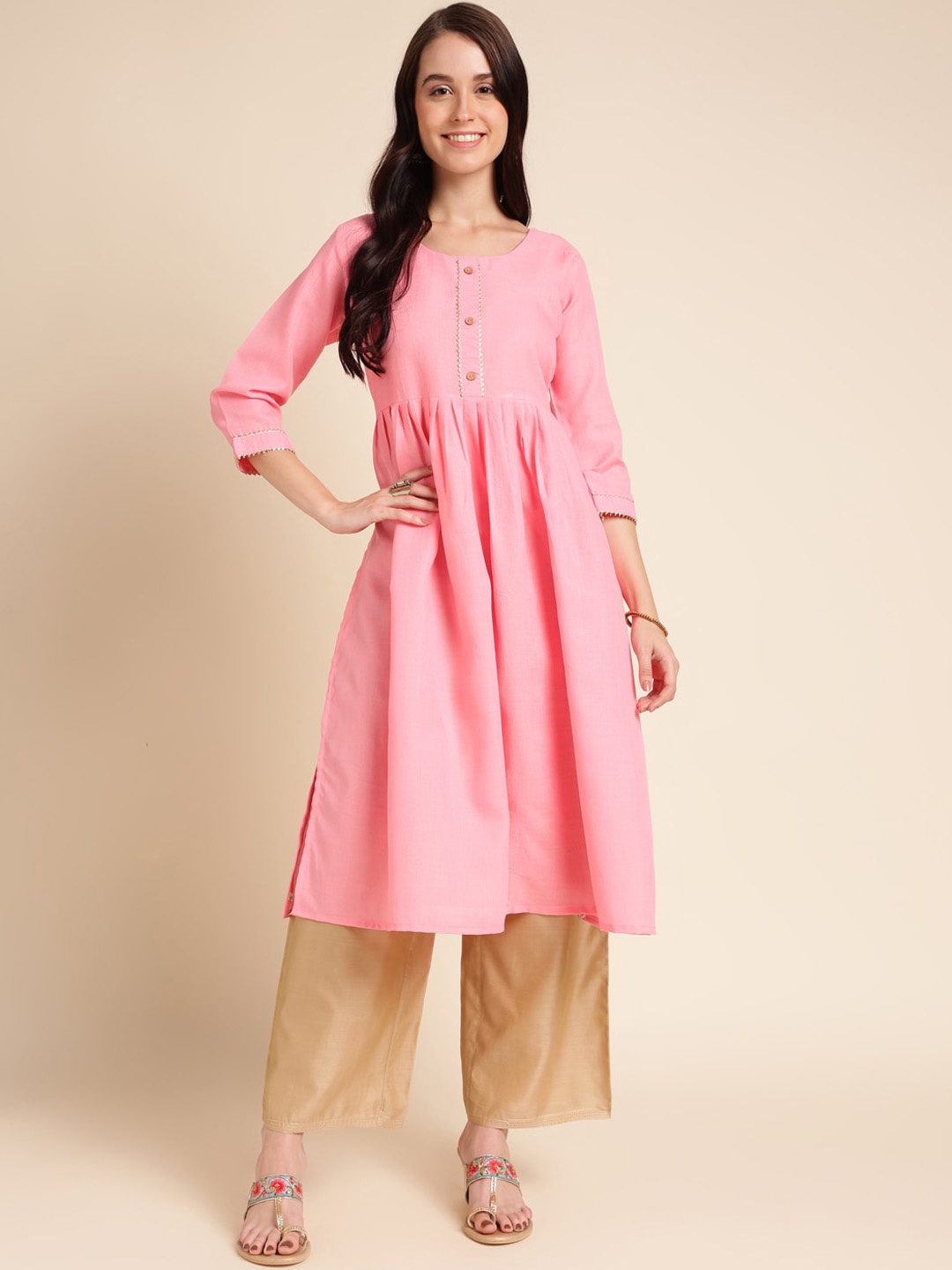 

Sangria Round Neck Pleated A-Line Pastel Kurta, Pink