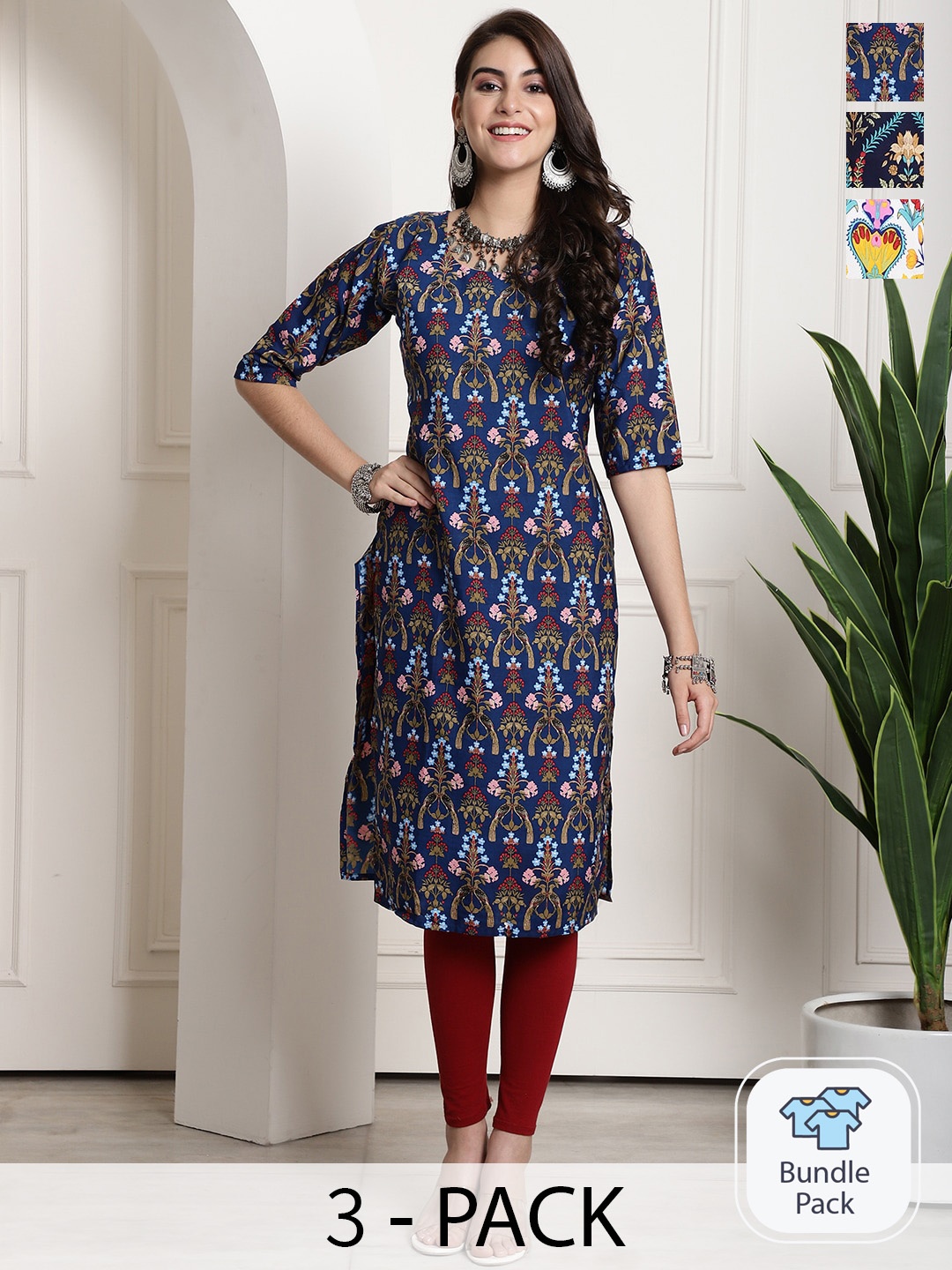 

7Threads Selection Of 3 Ethnic Motifs Printed Kurta, Navy blue