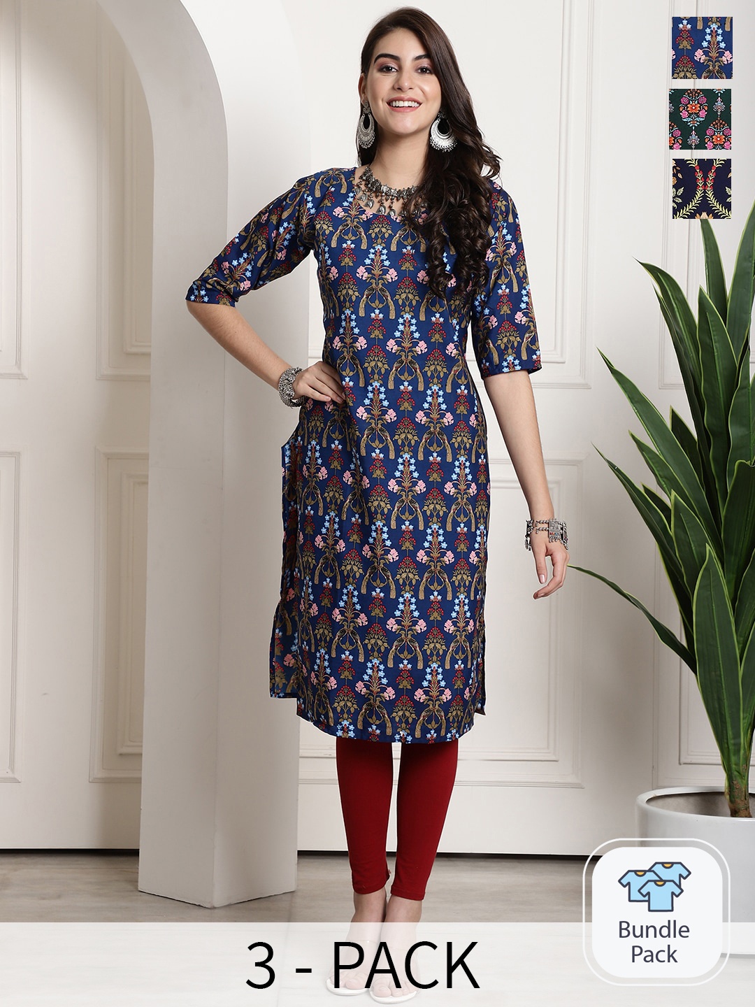 

7Threads Selection of 3 Ethnic Motifs Printed Straight Crepe Kurtas, Navy blue