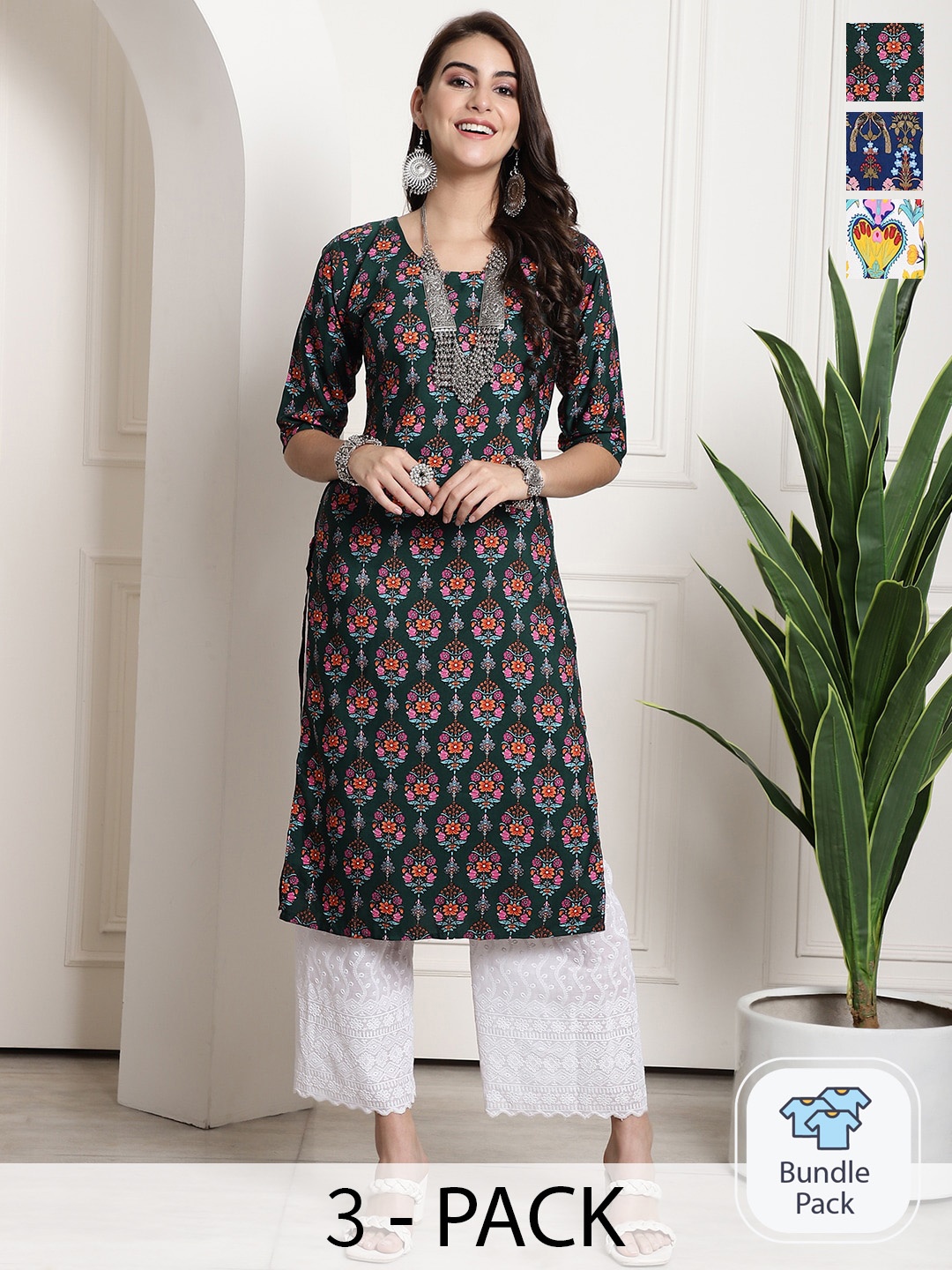 

7Threads Selection Of 3 Ethnic Motifs Printed Straight Crepe Kurtas, Green
