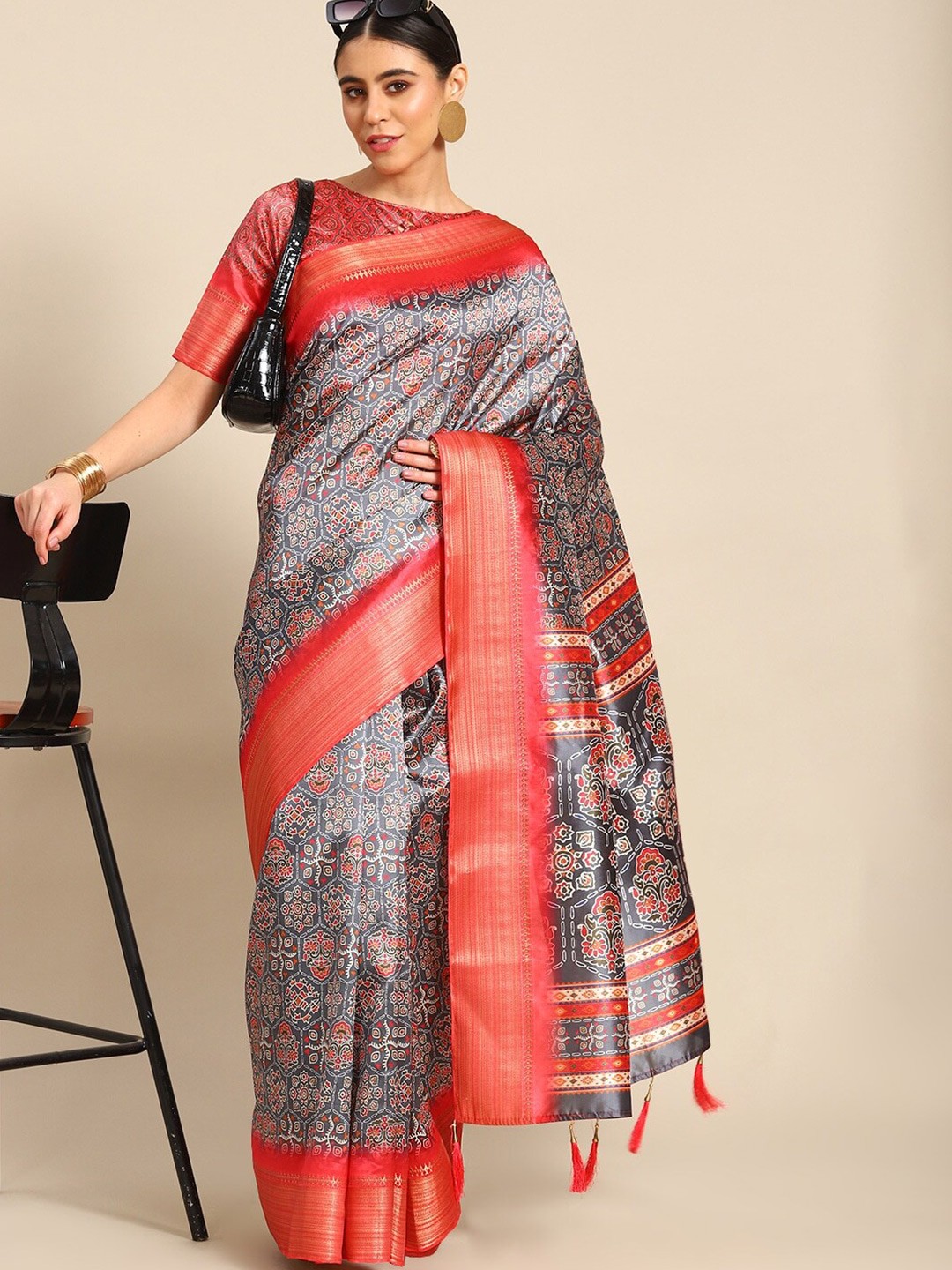 

Mitera Grey Ethnic Motifs Printed Zari Silk Cotton Banarasi Saree