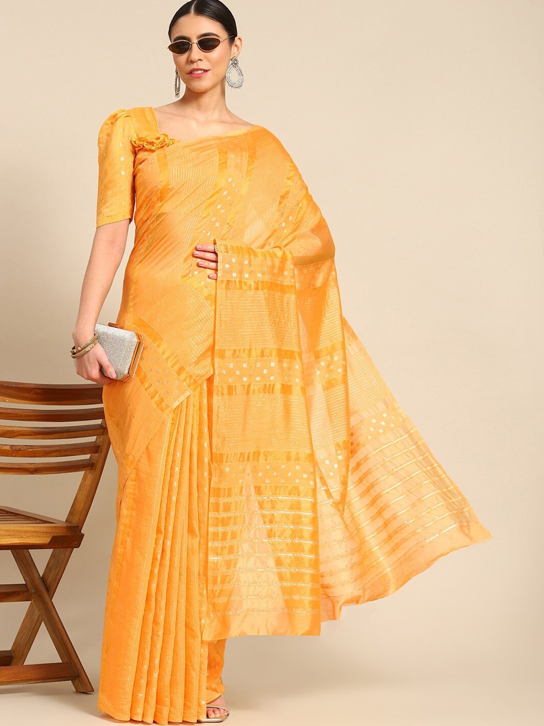 

Mitera Yellow & Gold-Toned Woven Design Sequinned Silk Cotton Banarasi Saree