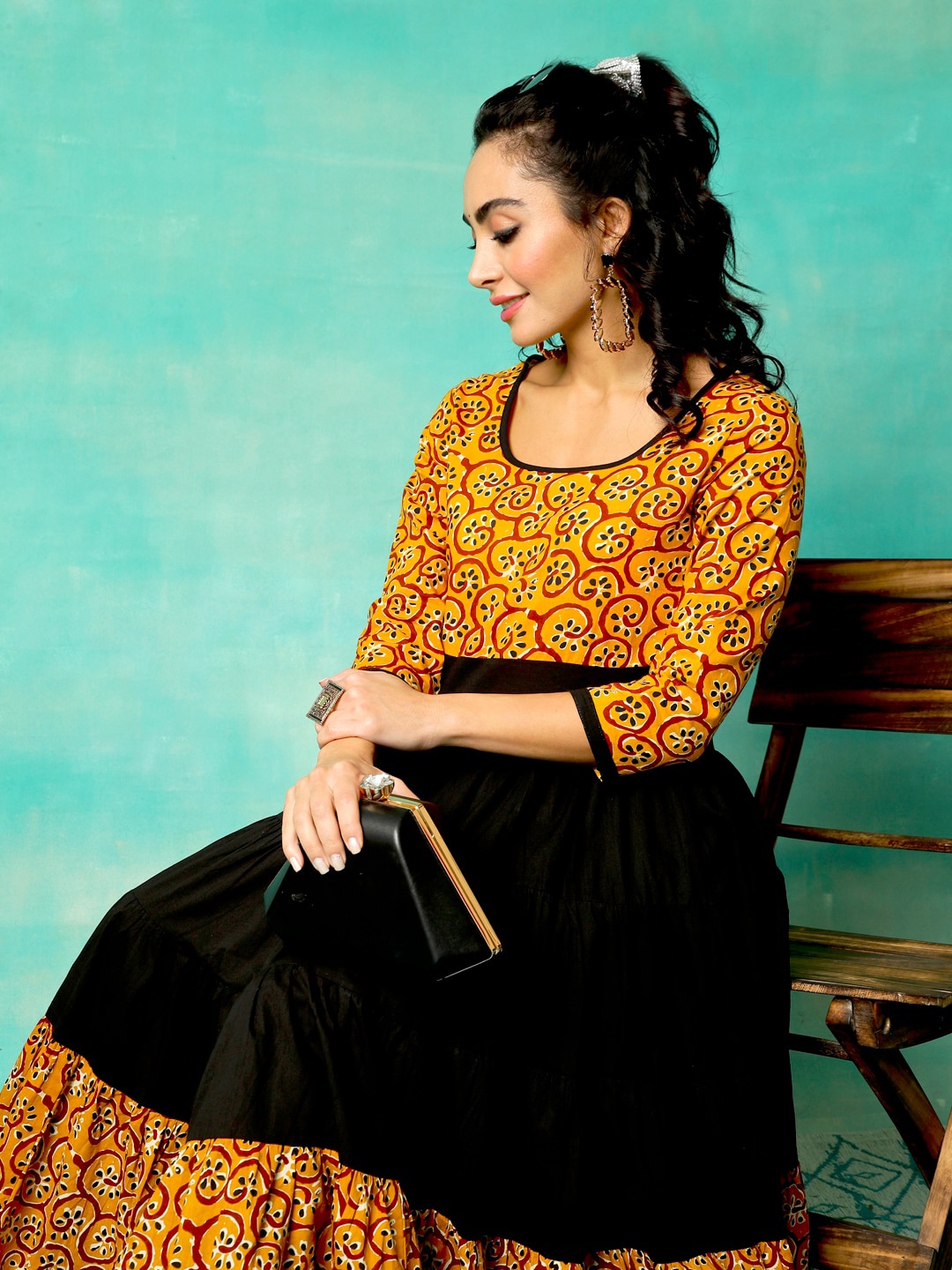 

Anouk Ethnic Motifs Printed Pure Cotton Anarkali Kurta With Palazzos, Mustard