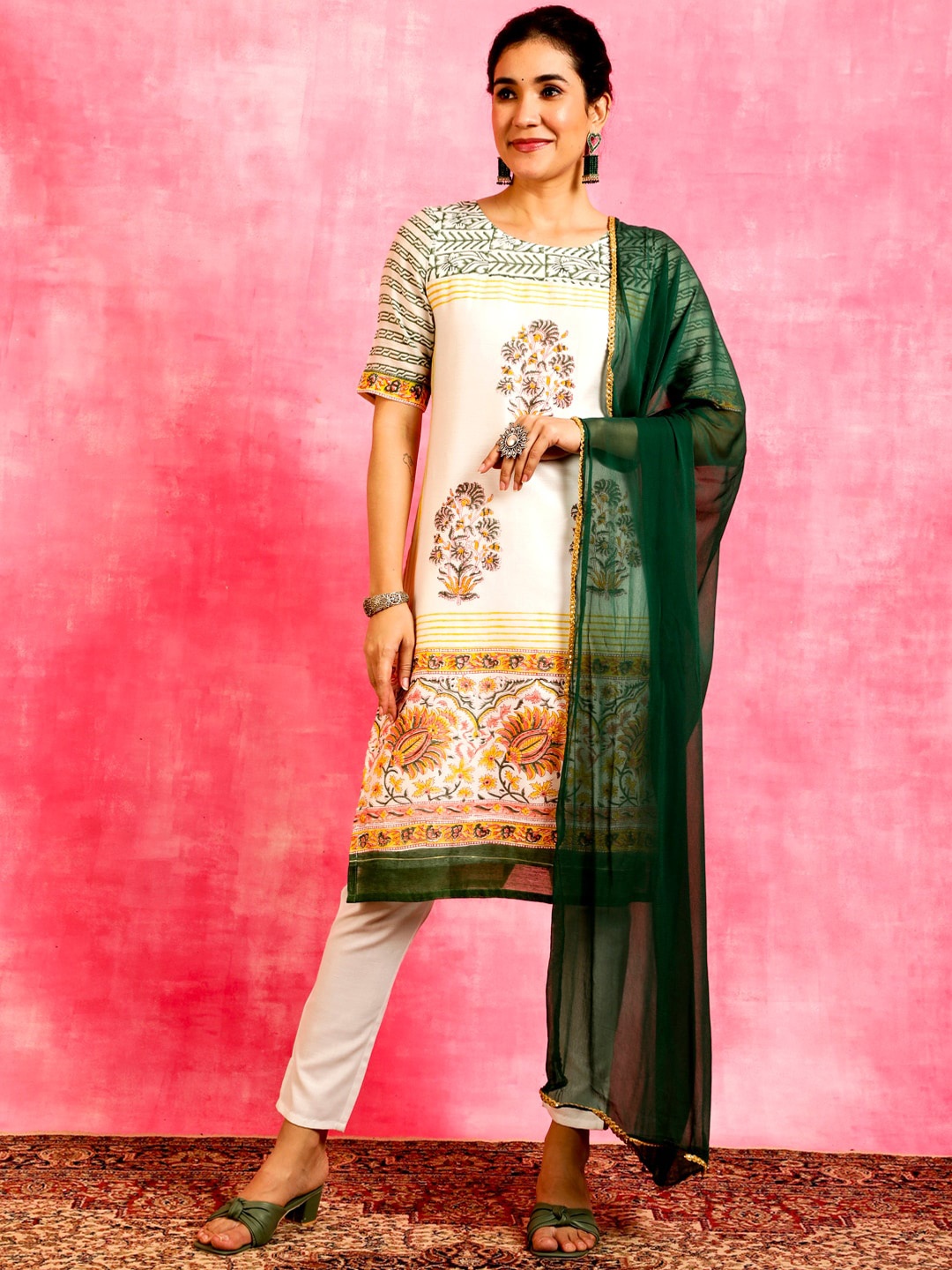 

Anouk Women White Ethnic Motifs Printed Regular Chanderi Silk Kurta with Trousers & With Dupatta