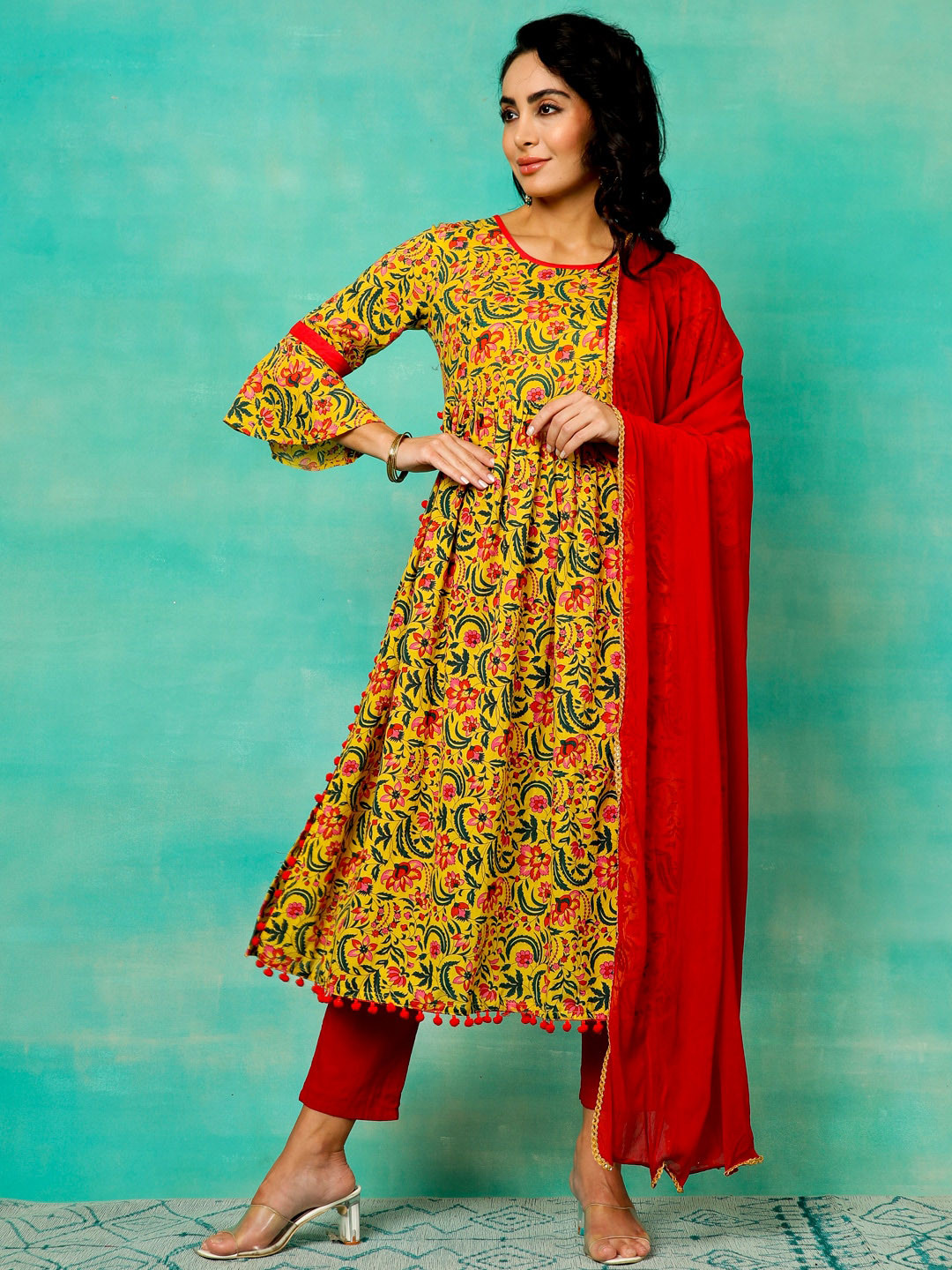 

Anouk Women Yellow Floral Printed Empire Pure Cotton Kurta with Trousers & With Dupatta