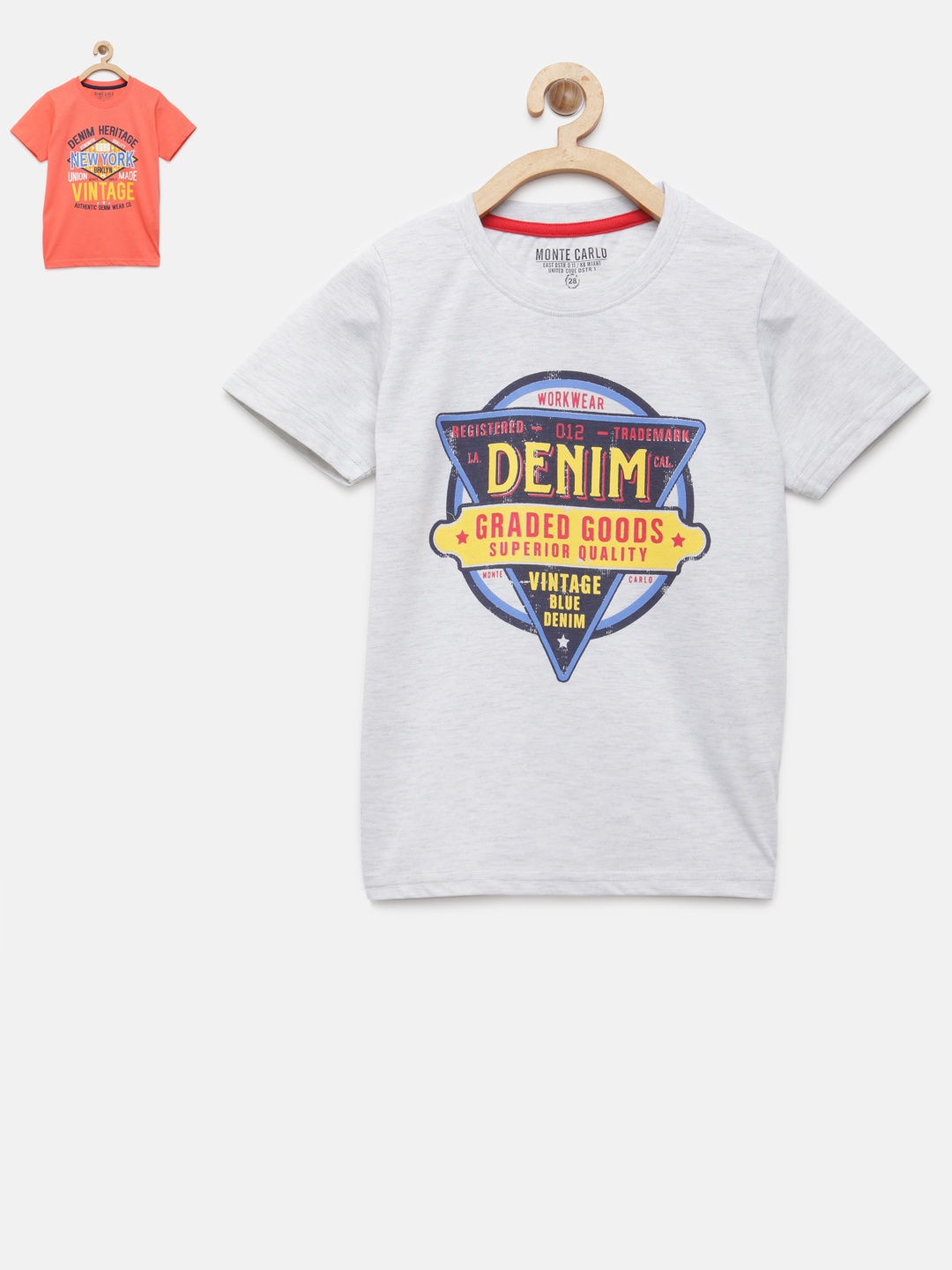 

Monte Carlo Boys Pack of 2 Printed Round Neck Pure Cotton T-shirts, Grey melange