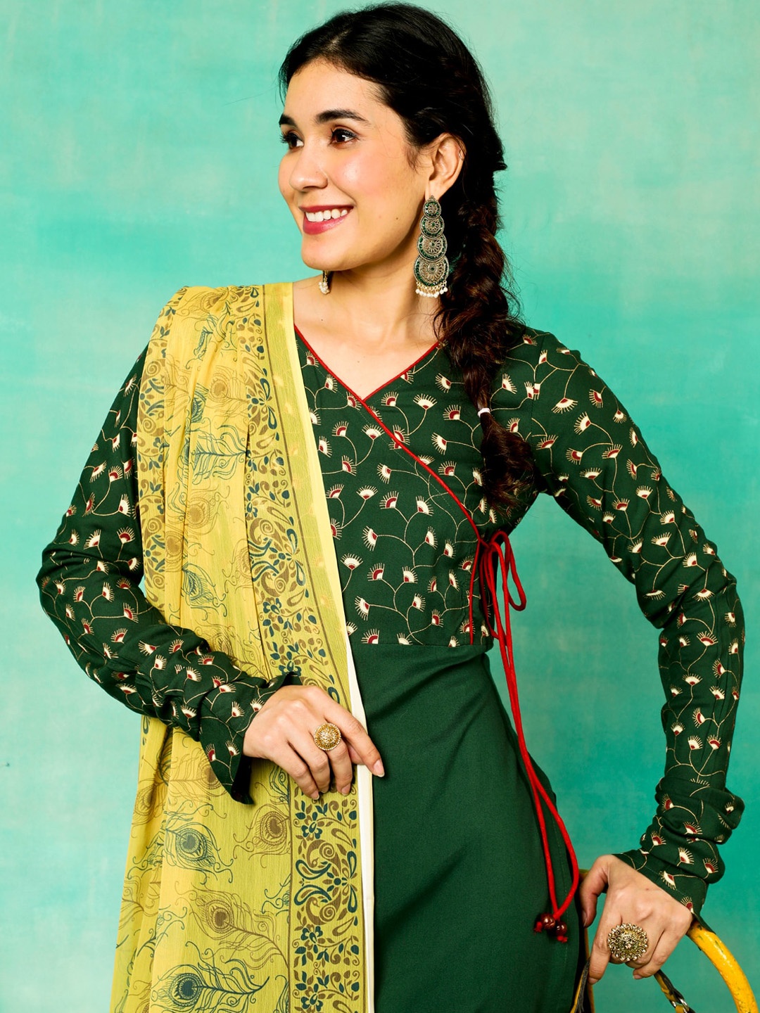 

Anouk Green Floral Printed V-Neck Angrakha Straight Kurta & Trousers With Dupatta