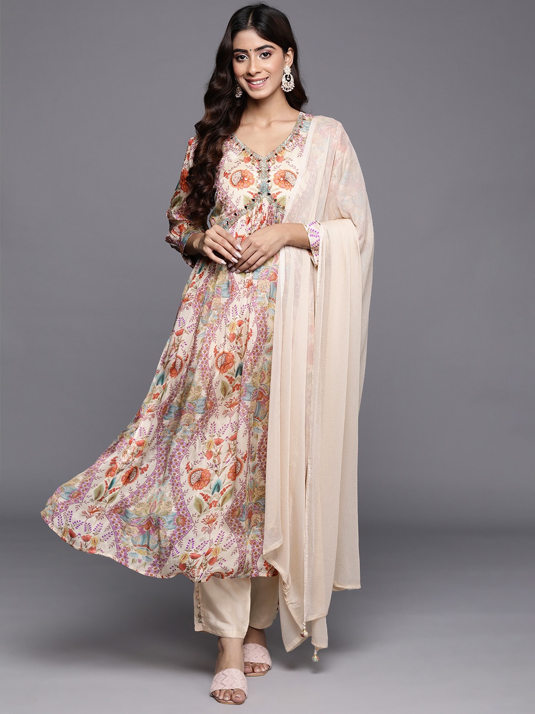 

Varanga Women Floral Print Empire Mirror Work Pure Silk Kurta with Trousers & Dupatta, Beige