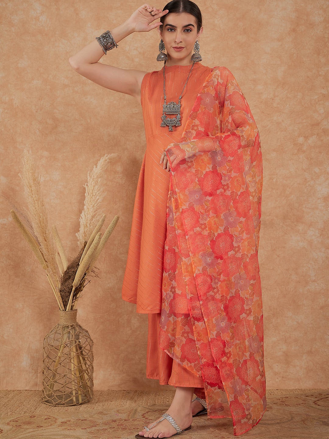 

InWeave Striped Regular Kurta With Palazzos & Dupatta, Rust