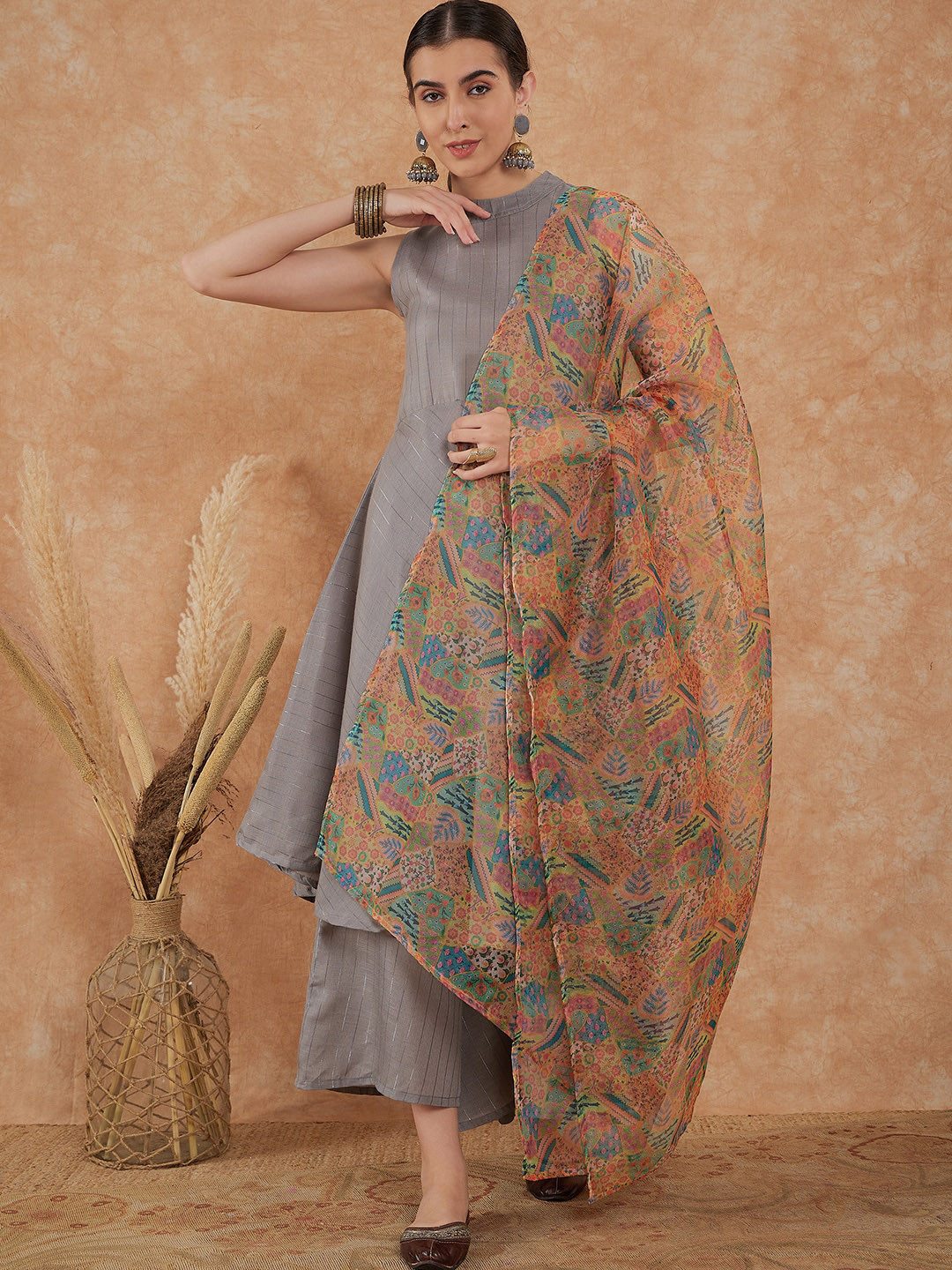 

InWeave Striped Regular Kurta With Palazzos & Dupatta, Grey