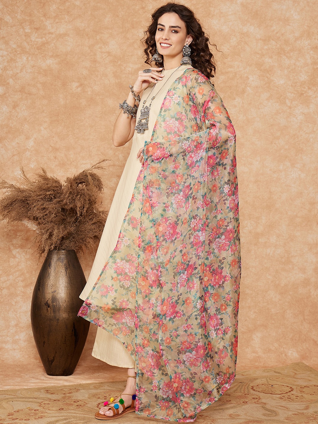 

InWeave Striped A-line Kurta With Palazzos & Dupatta, Cream