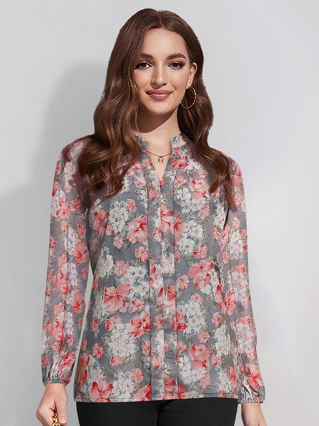 

BAESD Floral Printed Mandarin Collar Shirt Style Top, Grey