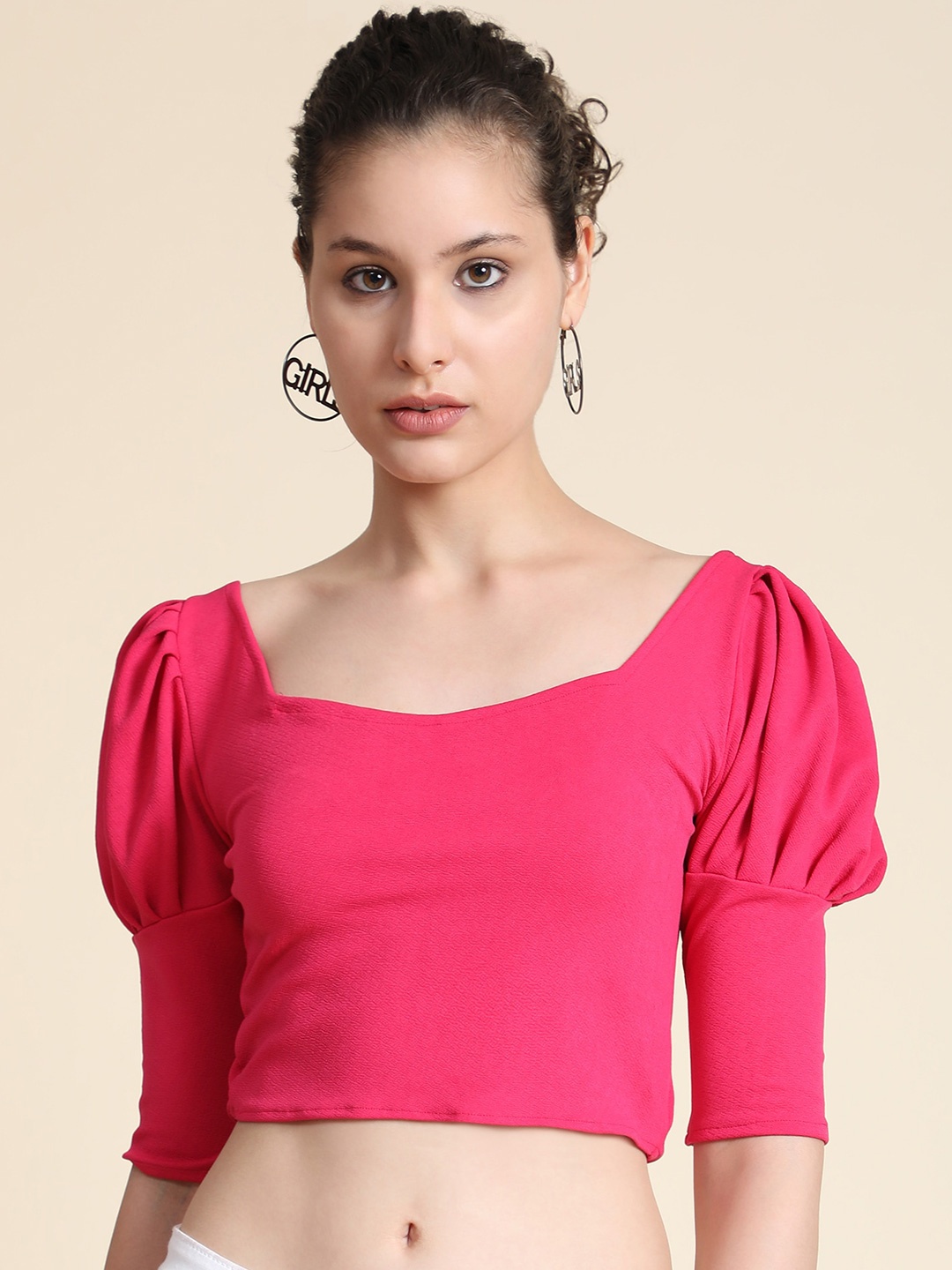 

BAESD Square Neck Puff Sleeve Crop Top, Pink