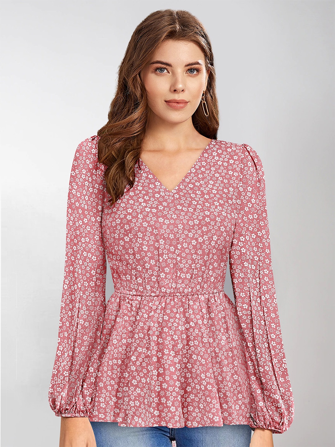 

BAESD Floral Printed V-Neck Bishop Sleeve Peplum Top, Peach