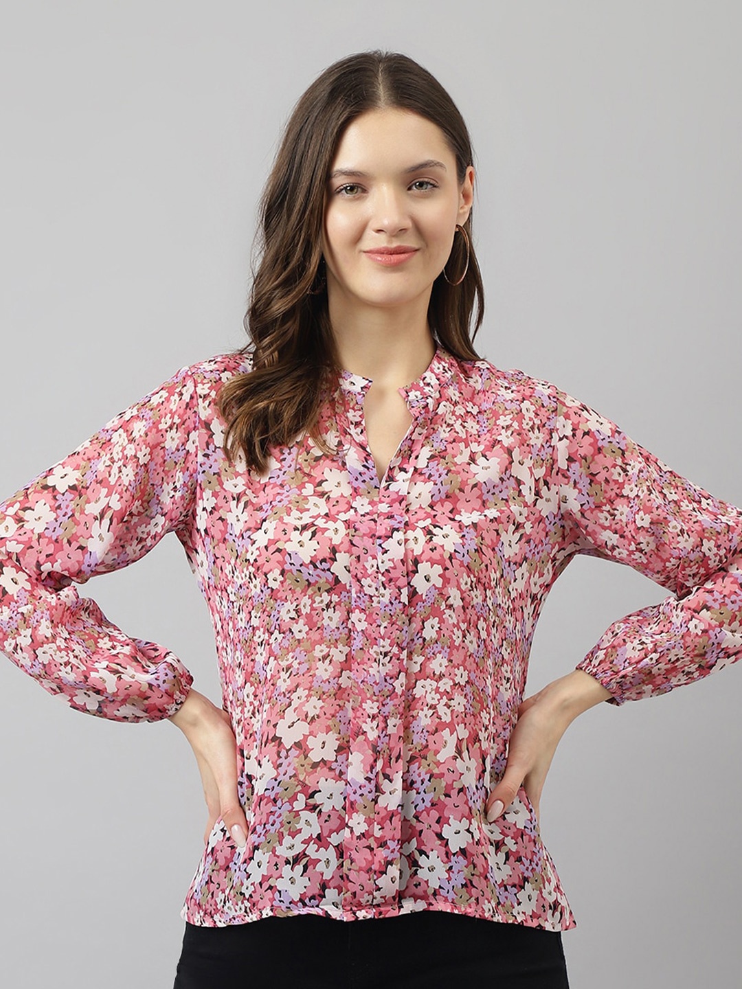 

BAESD Floral Printed Mandarin Collar Shirt Style Top, Peach