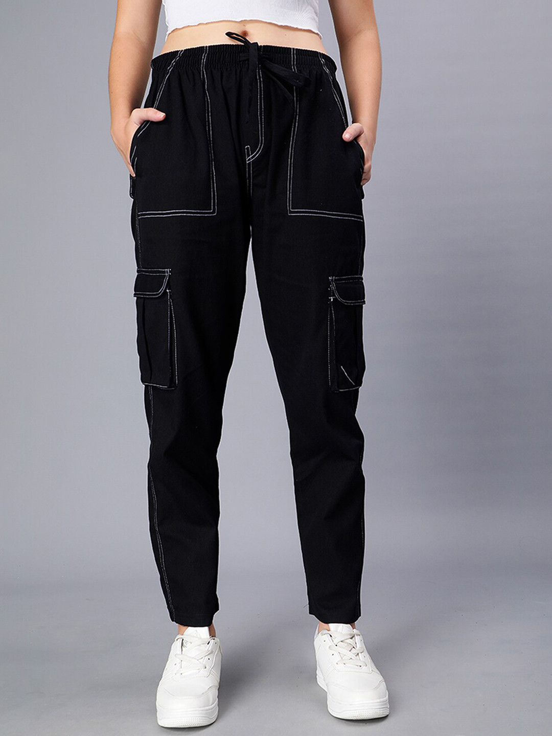 

Mad Over Print Women Black Relaxed Loose Fit Cargos Trousers